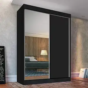 Guarda Roupa Solteiro 2 Portas de Correr 2 Gavetas e Espelho Peônia Yescasa Preto