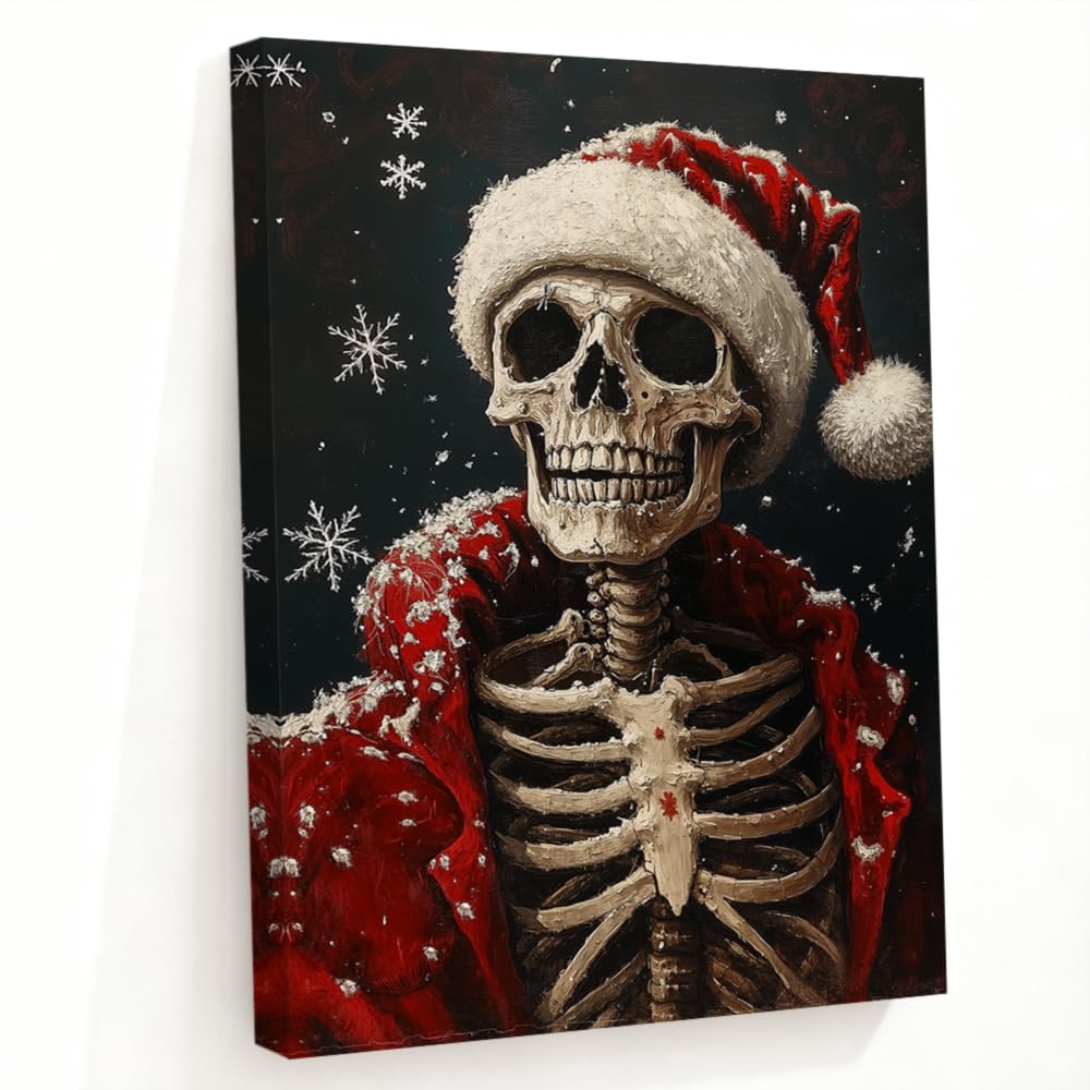 LMYSXAOZ Christmas Skull Canvas Wall Art Santa Claus Picture Prints Skeleton Gothic Painting Halloween Decor Artwork Framed Ready to Hang(White,24L x 36W)