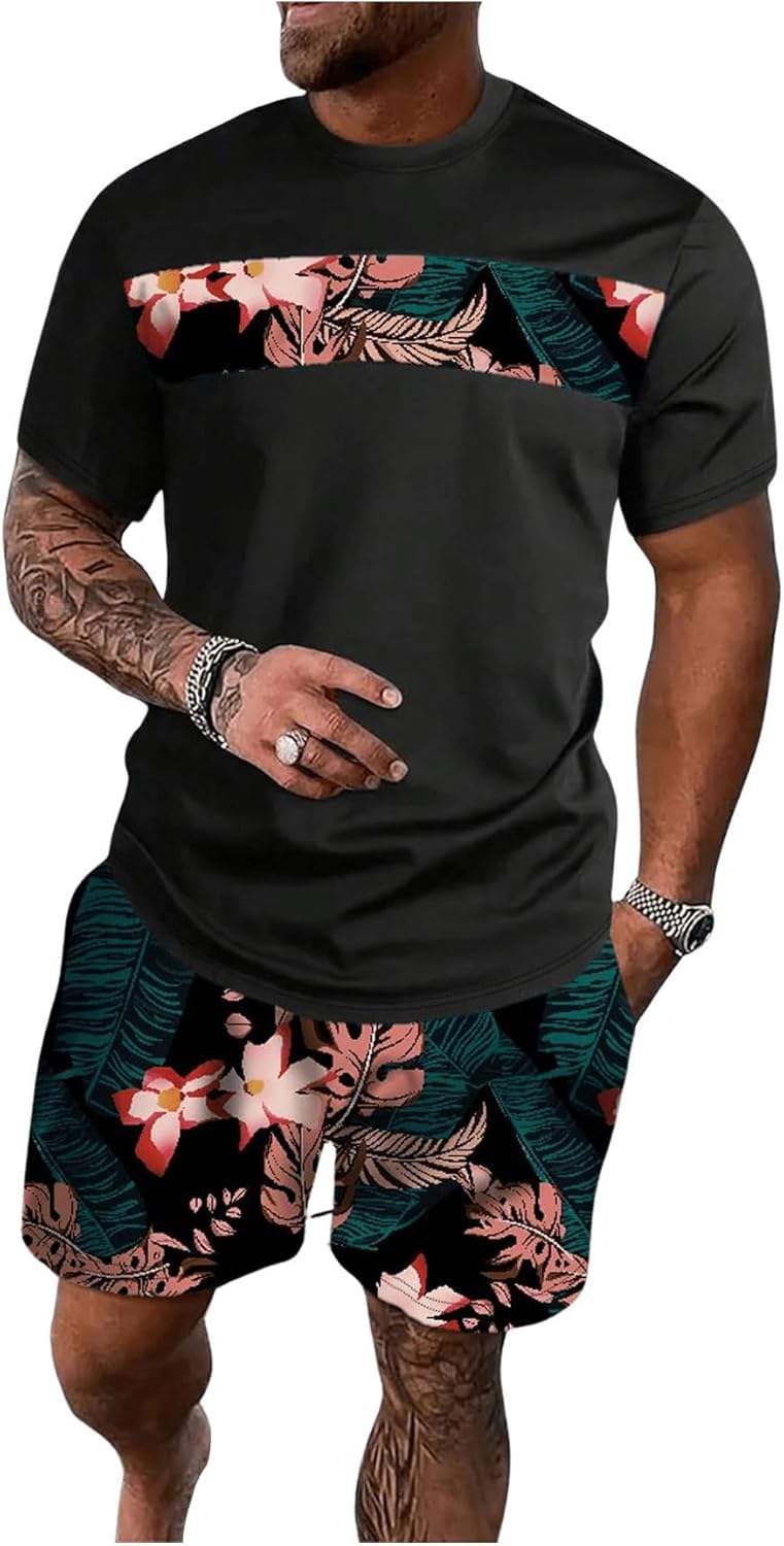 Floerns Men's Shirt and Shorts 2 Piece Sets Graphic Print Beach Outfits