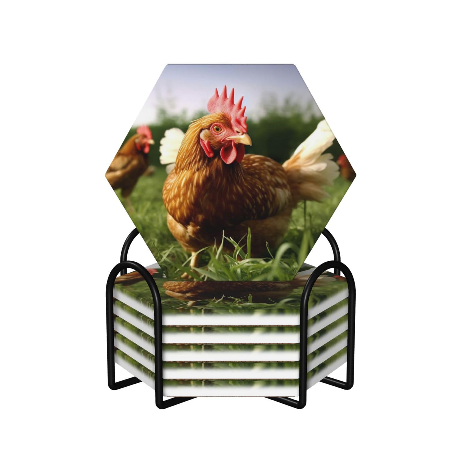 Drink Coasters Set of 6 Non-Slip Ceramic Coasters with Holder Funny Chicken Grass Coasters for Drinks Tabletop Protection Cups Mugs Mat Pads for Coffee Table Bar Home Decor