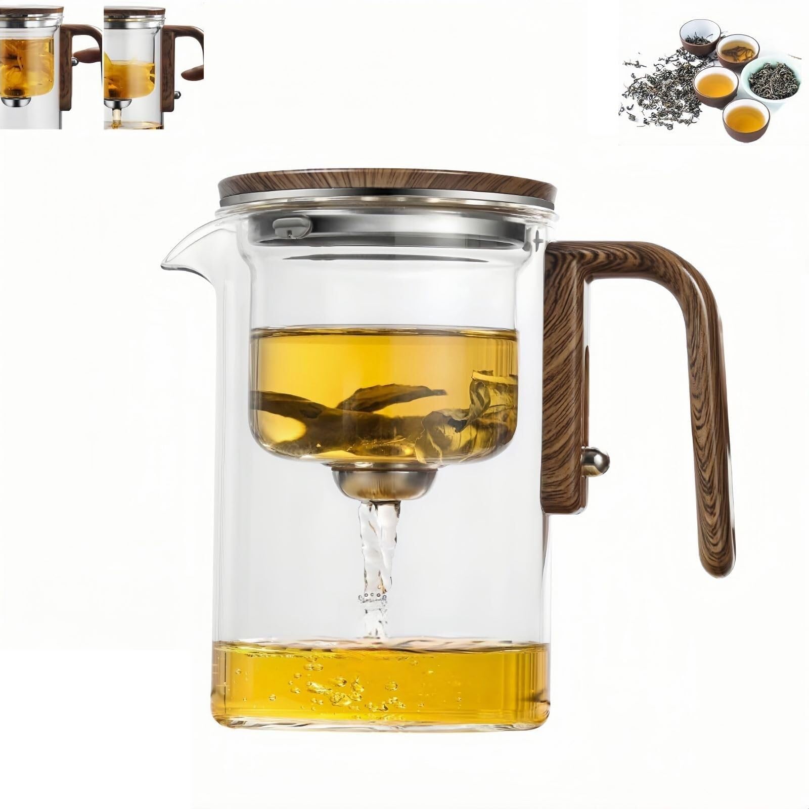 Glas-Teekanne Mit Holzgriff Und Trennsteg, Glas-Teekanne Mit Sieb, Druckkontrolle, Klare Glas-Teekanne For Blumen- Und Loseblatt-Tees(500ml)