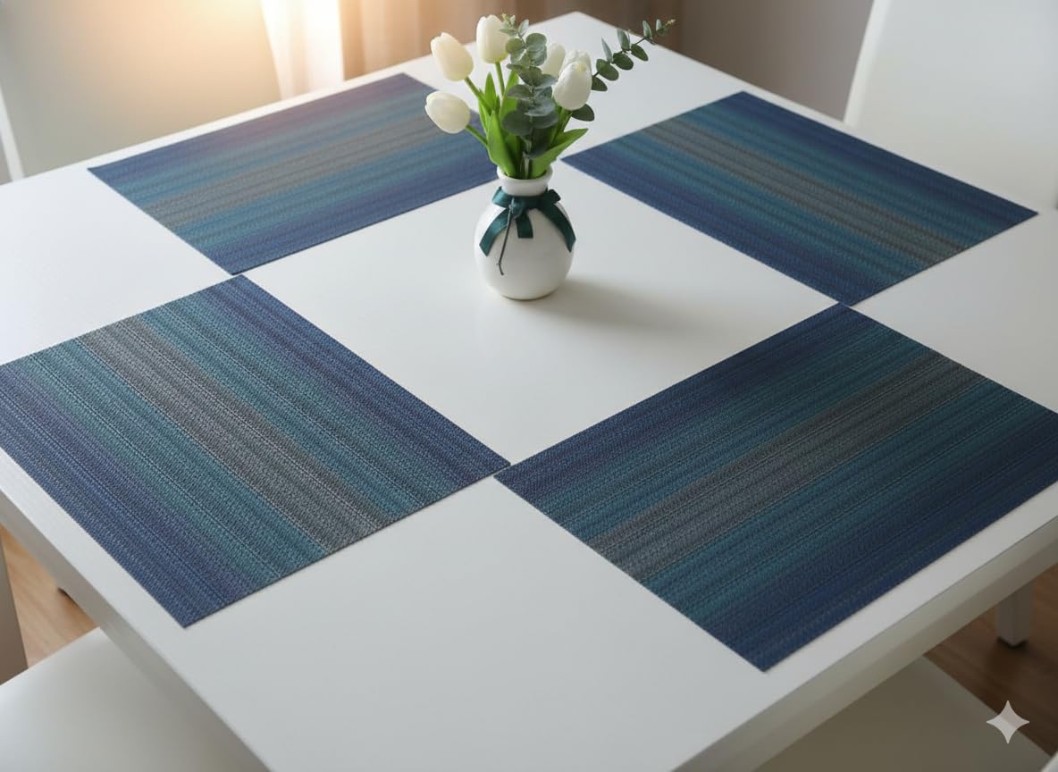 YELONA Rectangular Crossweave Woven PVC Vinyl Non-Slip Insulation Heat-Resistant & Waterproof Stain Resistant Washable Placemat for Dining & Kitchen Table-(Blue,Set of 4)