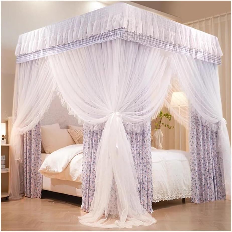 Cortina de cama floral morada con soporte de mosquitera para estructura de dosel