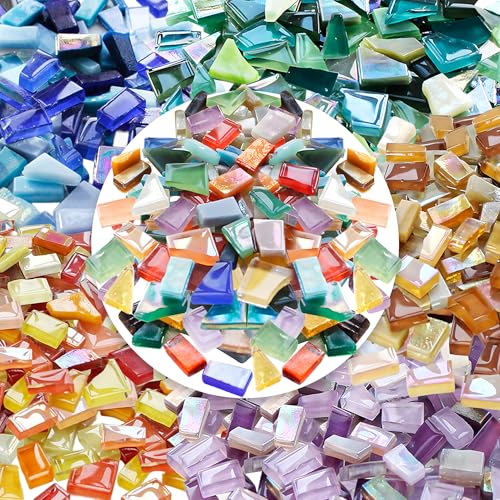 AiYoYo 1KG Mosaik-Glasfliesen Unregelmäßiges kreative Mosaiksteine bunte handgeschnitten mit unbehandelten Kanten für DIY-Mosaikprojekte Heimdekoration Kunsthandwerk DIY-Projekte und Hobbys