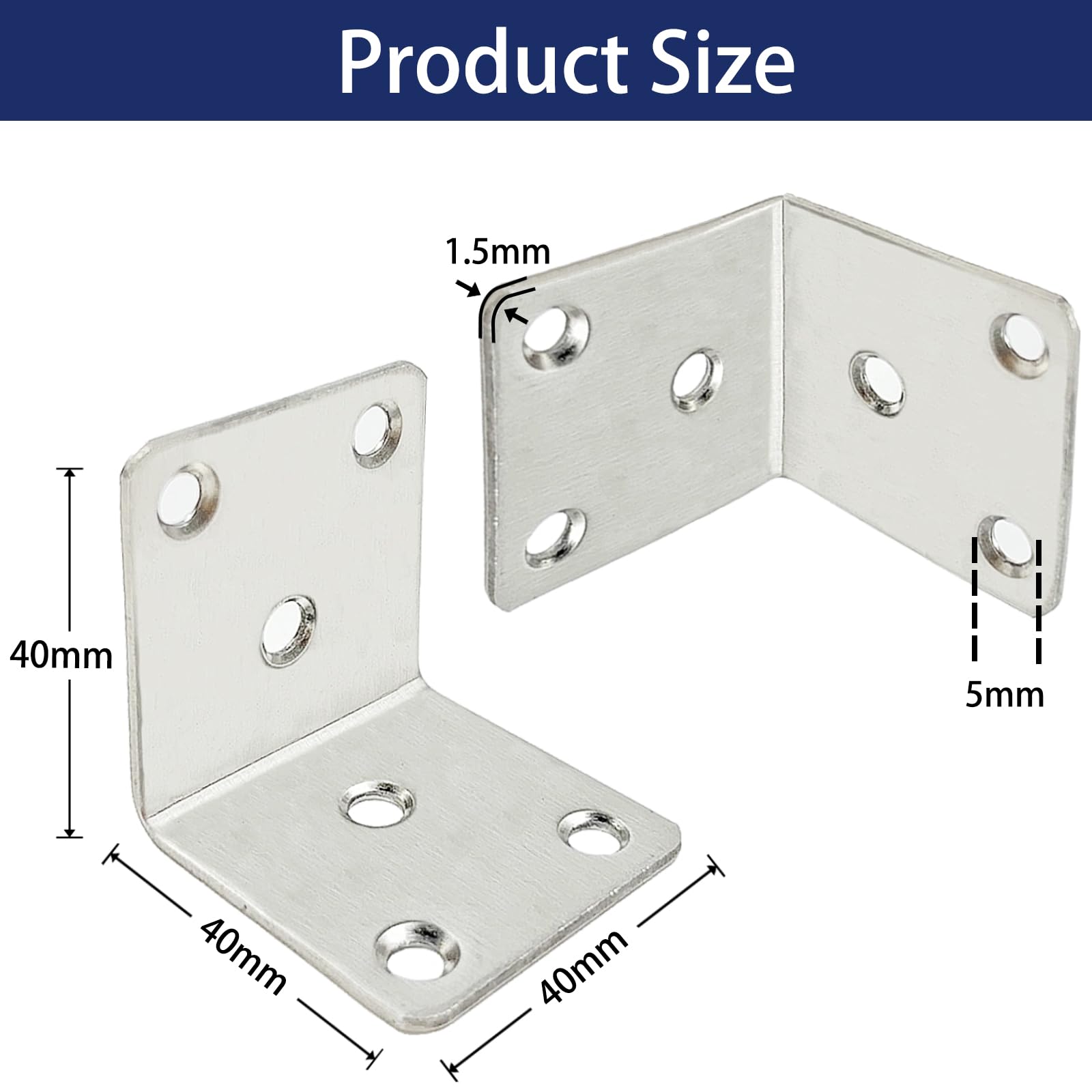 16PCS 40x40x40x1.5mm(6 Holes) Stainless Steel Right Angle Corner Bracket,L Shaped 90 Degree Metal Bracket for Wood,Heavy Duty Corner Brackets Suitable for Wood Fixed Furniture Wardrobe - Image 2