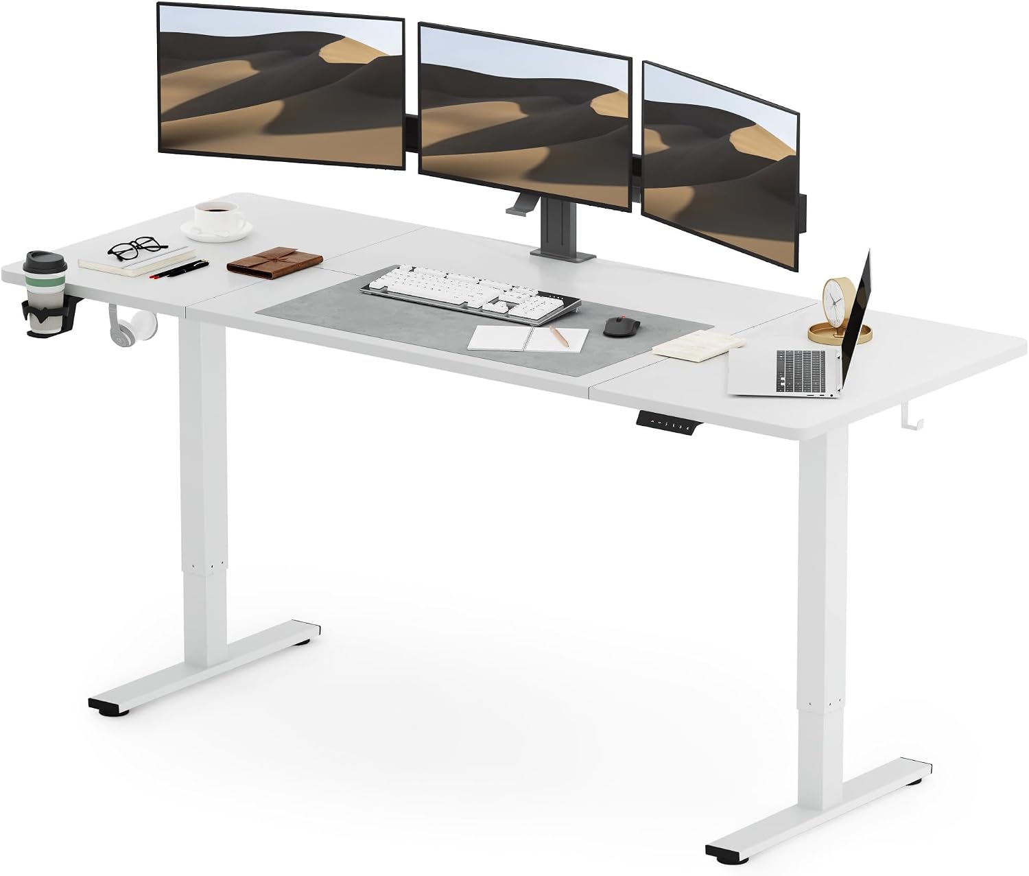 SANODESK Q1 Electric Standing Desk in a modern office setting with three monitors, a laptop, and accessories.