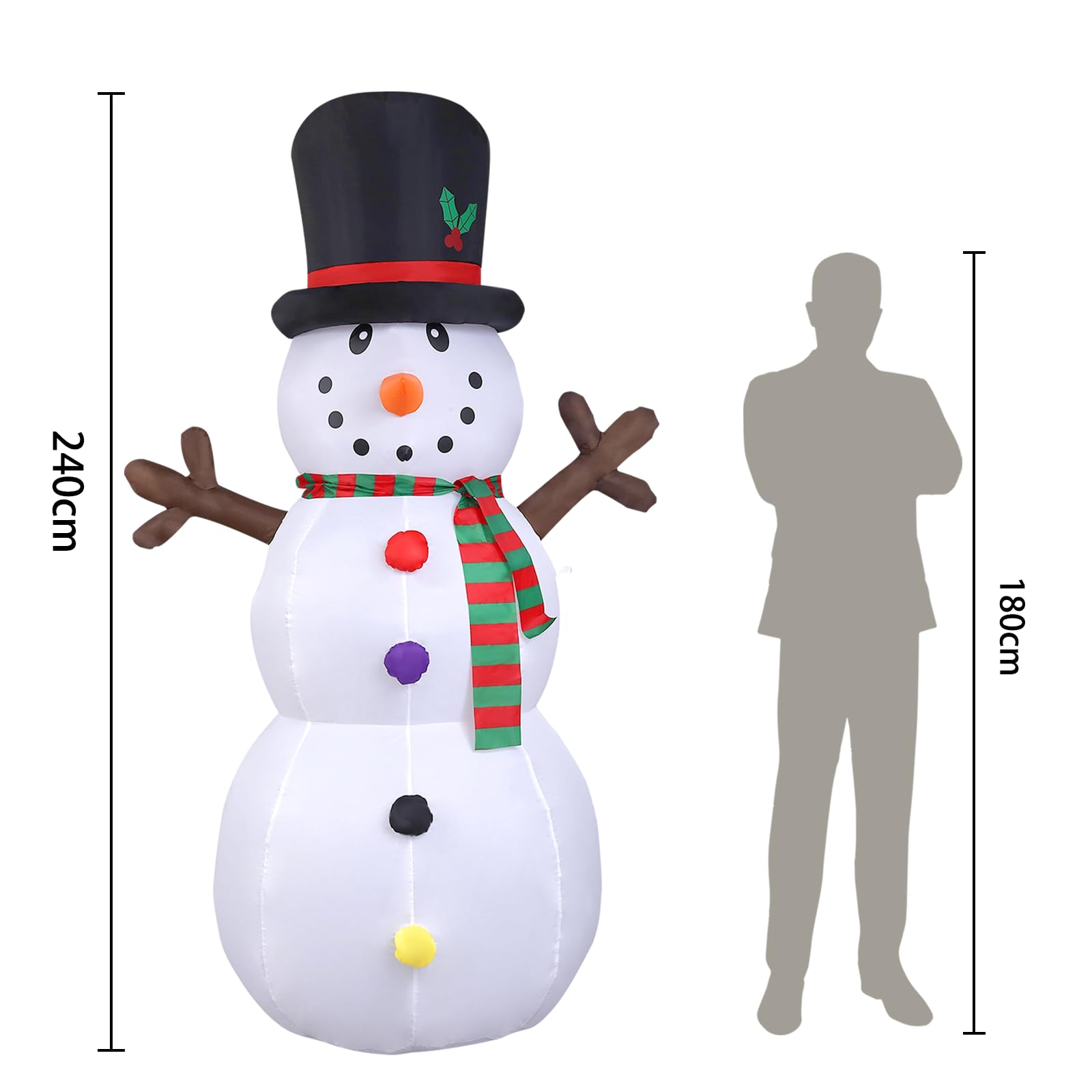 Bonhomme de Neige de Noël Gonflable, 240cm Bonhomme de Neige avec Lumières LED, Décoration de Noël avec des Pieux de Cordes Fixes, Décoration du Modèle pour Jardin Fête Intérieur Extérieur -1250mA/15W