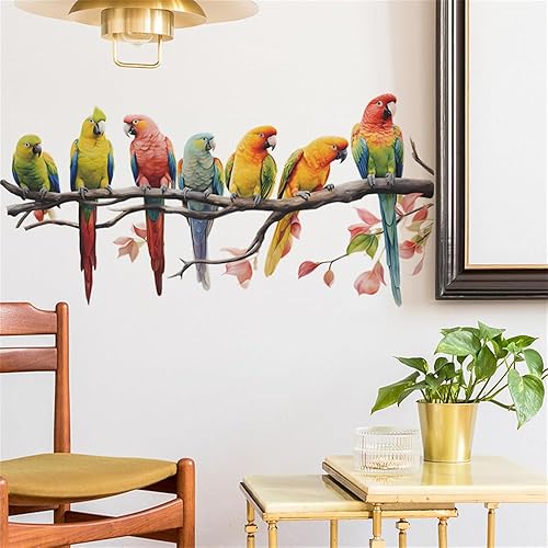Miniatura 6 de Calcomanías de pared de pájaros y loros con ramas de árbol, coloridas y bonitas, calcomanías de pared removibles para sala de estar, dormitorio,