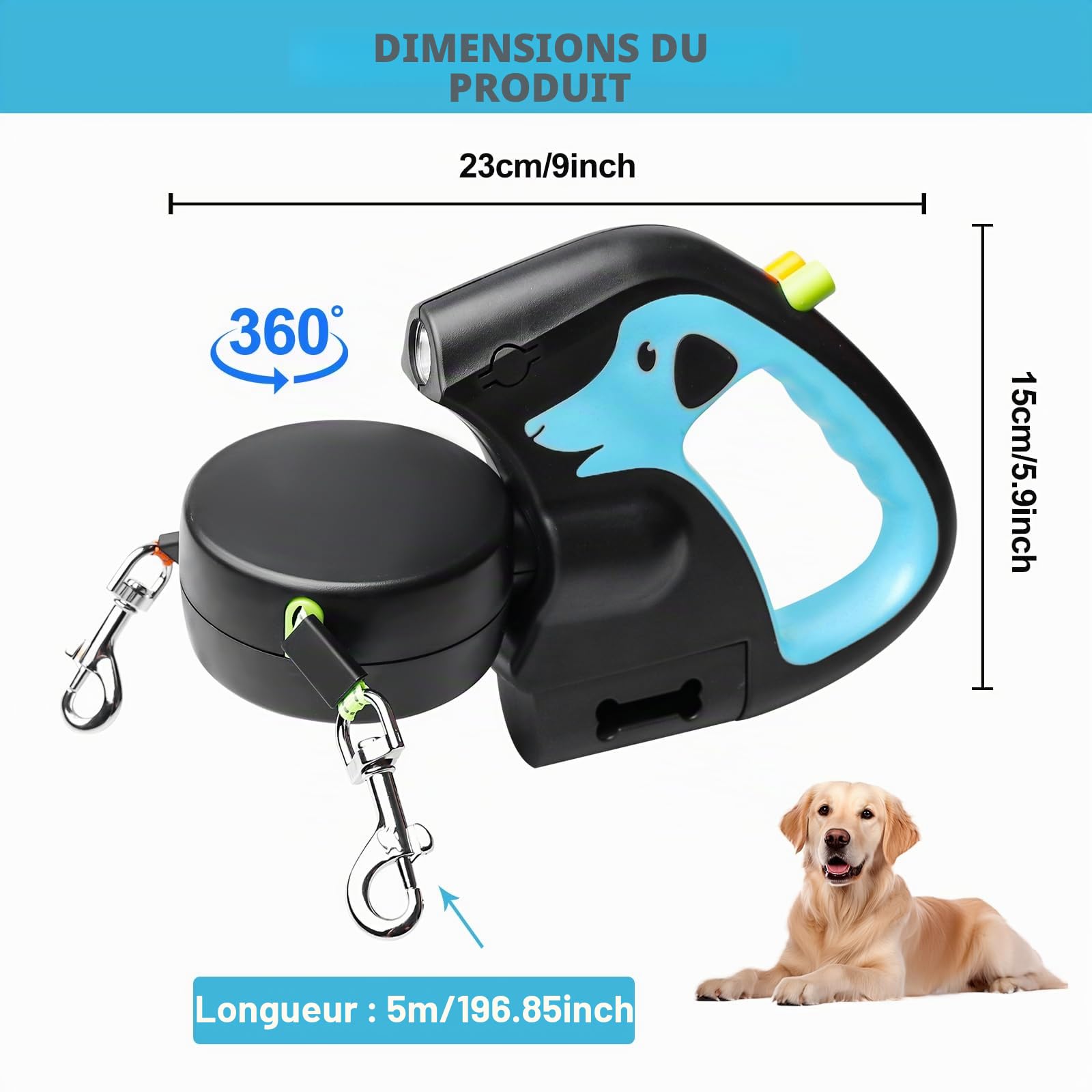 Laisse double rétractable pour chien - Avec lumière LED - Extensible - Pour 2 chiens - Flexible 3M - Poignée antidérapante - Bouton de frein rapide - Pour chiens de petite et moyenne taille - Bleu