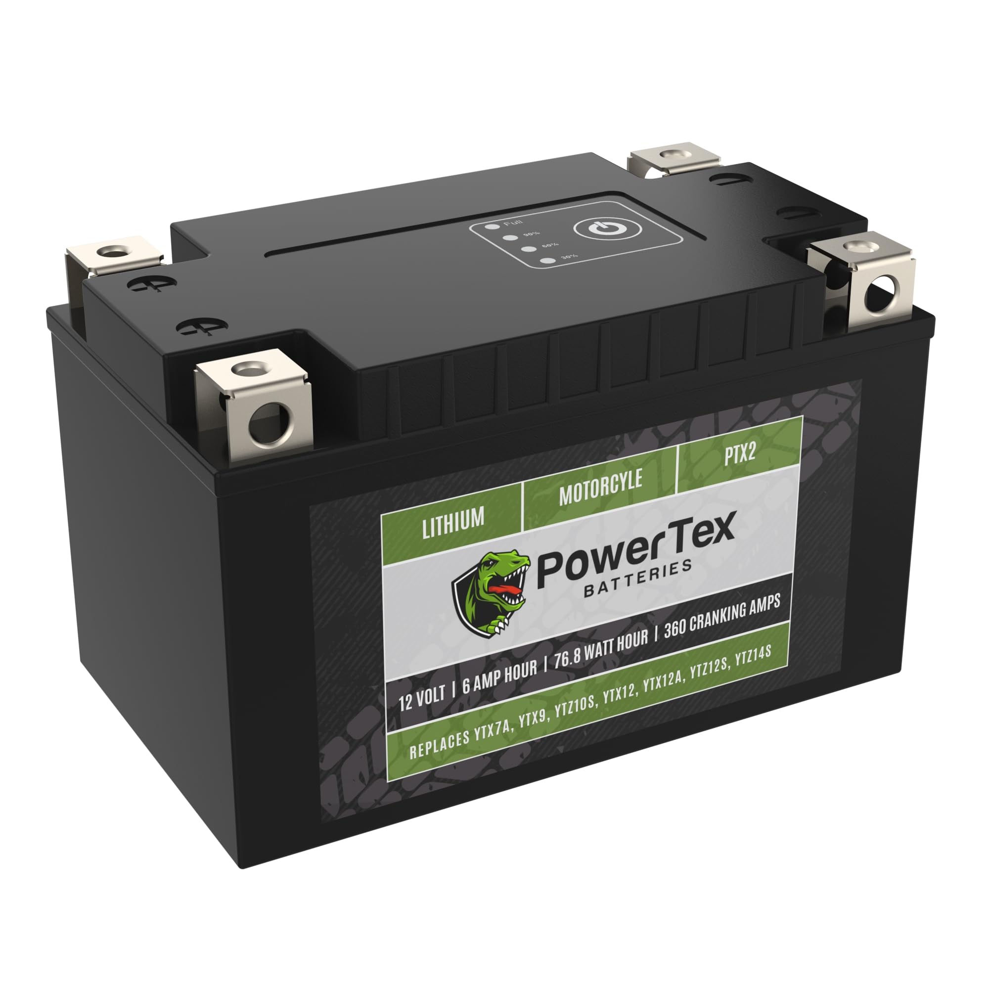 Powertex Motorcycle PTX2 Lithium Battery Replaces YTX7A-BS, YTX9-BS, YTZ10S, YT12A-BS, YTZ12S & YTZ14S – BMS, 360 CCA, Internal Jump-Start, Capacity