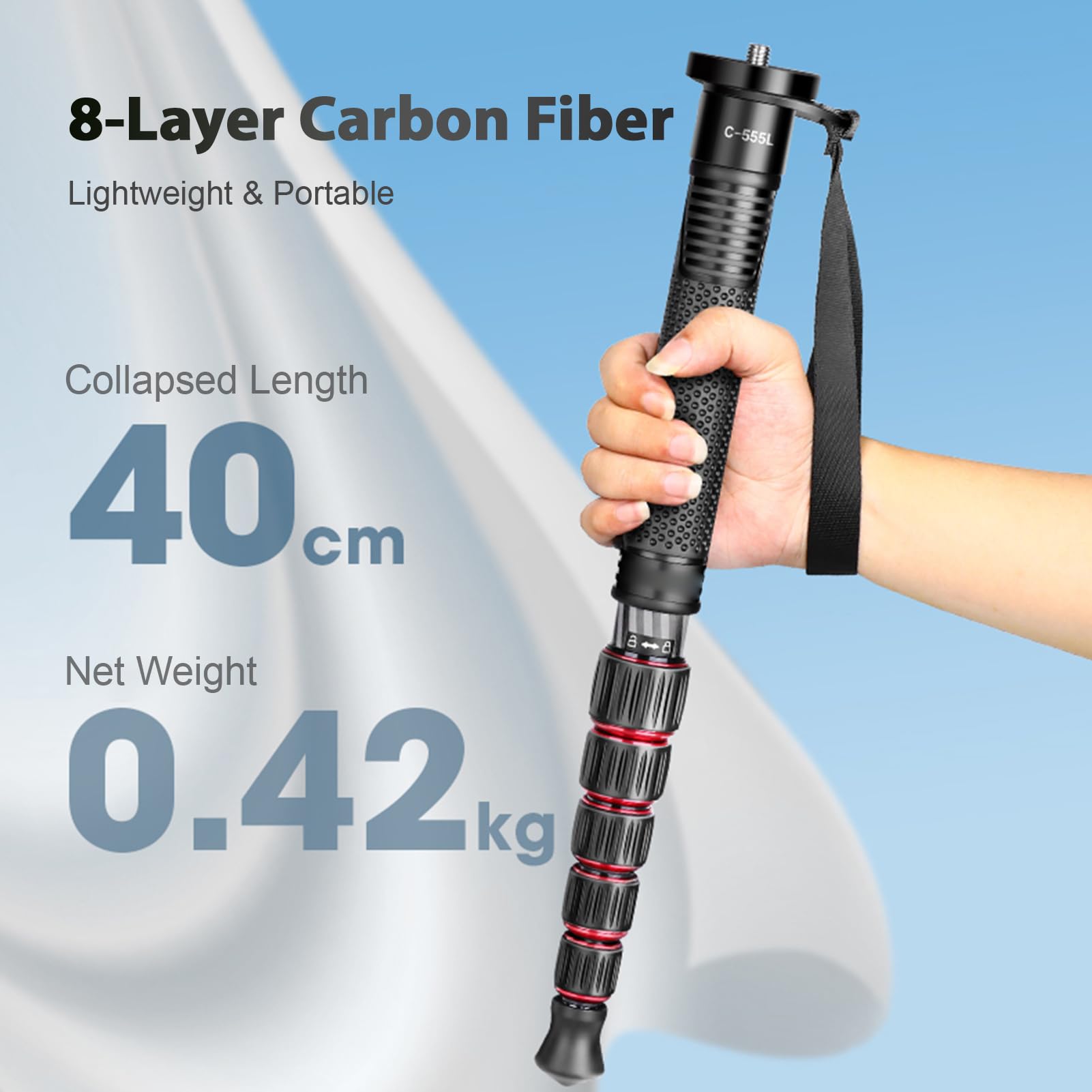 Monopod do Aparatu, 61-calowy Monopod Fotograficzny z Włókna Węglowego, Lekki, Przenośny, ze zdejmowaną główką Kija Wspinaczkowego, do Bezlusterkowej Lustrzanki Cyfrowej
