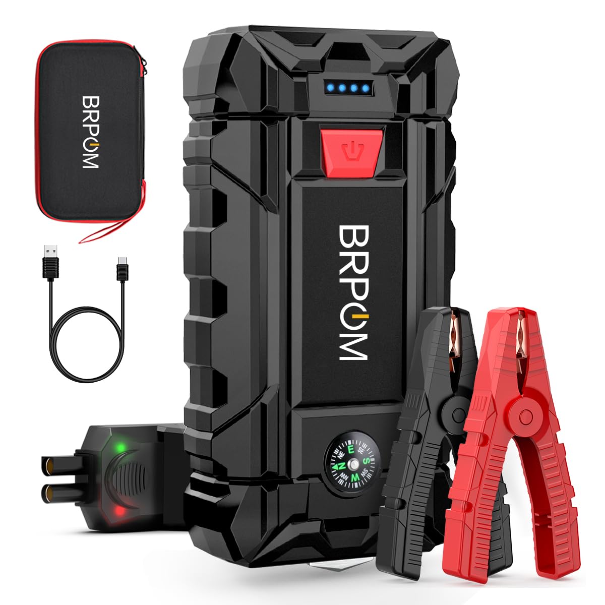 BRPOM Arrancador de Coches, 9000A 21800mAh Arrancador de Baterias de Coche 12V(para 8.0L de Gasolina o 6.5L de Diésel), Jump Starter Portátil, Carga Rápida QC3.0, Espera Larga
