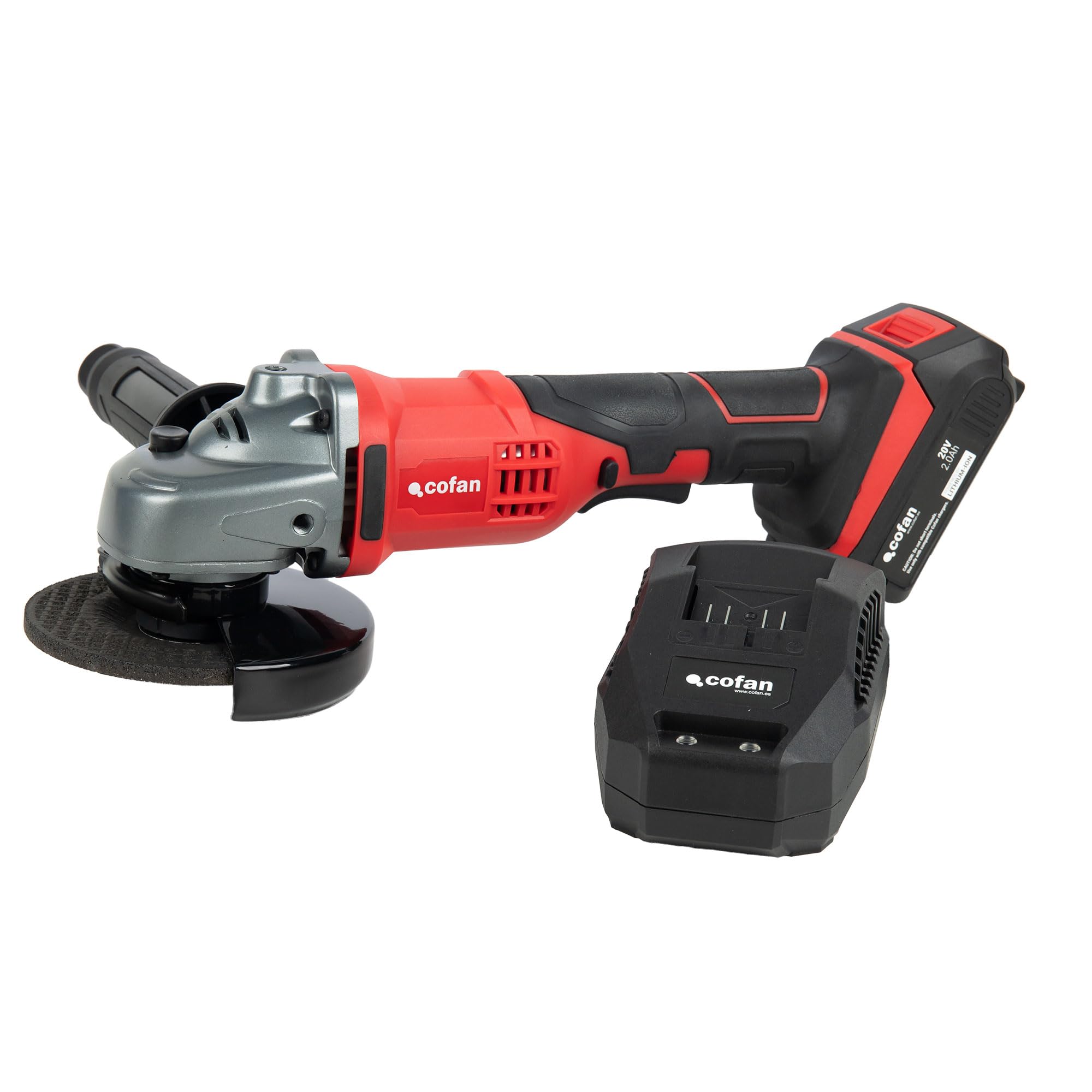 Cofan Amoladora a batería | Batería Li-ion de 20 V + Cargador incluidos | Apta para discos de ø115mm