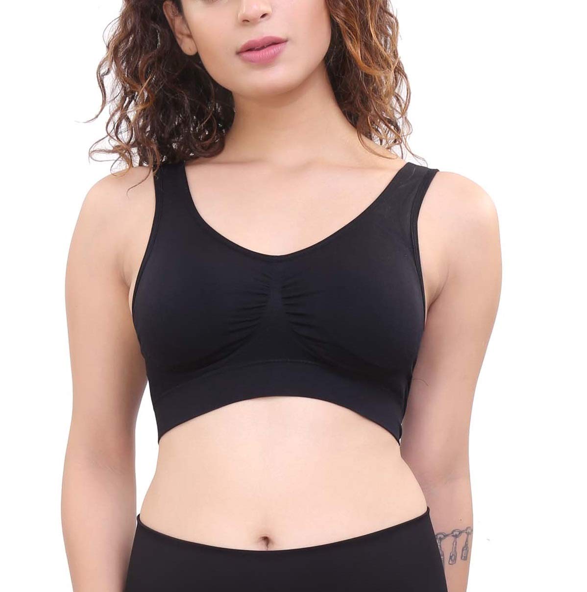 GlamrootWomen's Seamless Padded Sports bra Removable cups Black Free, One Size