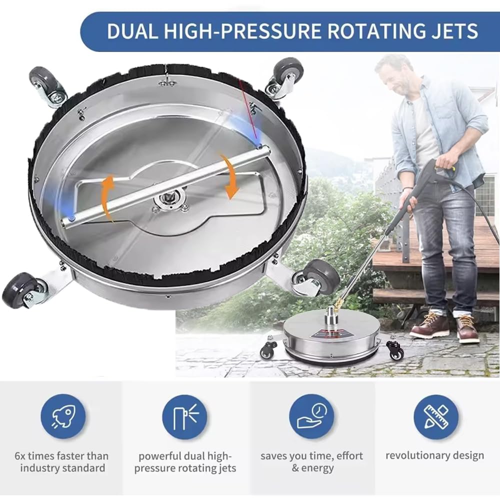 Limpia Superficies de para Hidrolimpiadora: 4 Ruedas, Doble Boquilla, 360° Giratorio | 4000 PSI | Conexión Rápida 1/4" | Acero Inoxidable para Terrazas, Entradas y Suelos (13 Pulgadas)