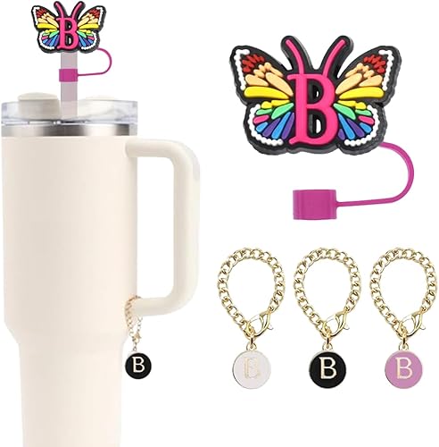 Miniatura 8 de 1 funda de popote con forma de mariposa con letra inicial para Stanley de 30 y 40 onzas, copa de 0.4 pulgadas, 3 piezas de dijes de letras de