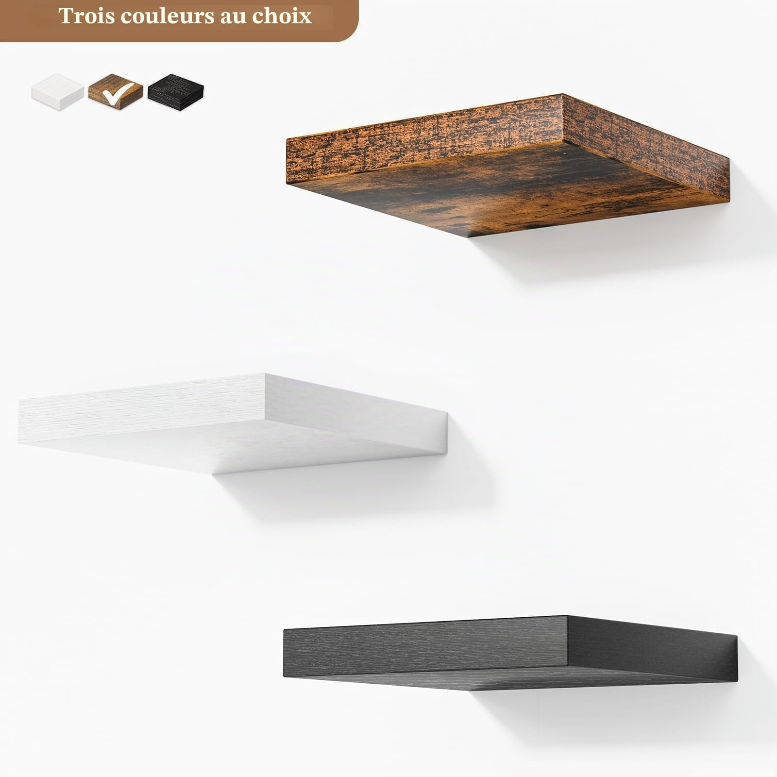 Étagères Murales Flottantes Lot de 4 (25 x 25 x 3,8 cm) | Étagère en Bois avec Fixation Invisible, pour Salle de Bain, Chambre, Cuisine, Toilettes, Salon et Livres (Marron)