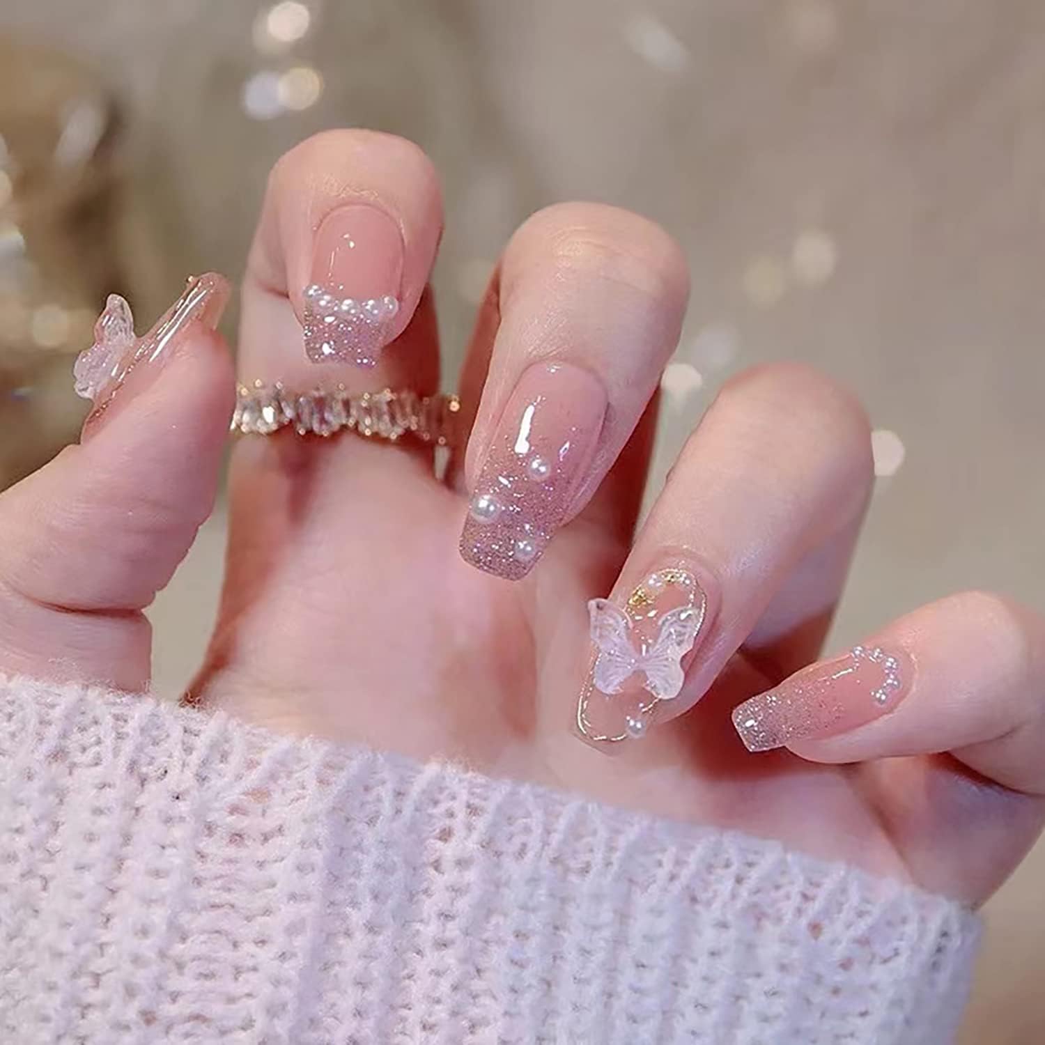 24 Reusable Artificial Fake Nail Set| 3D Butterfly And Pearl With Glitter Design Glossy Nails| Lightweight & Long Lasting| Quick Fix For Festivals & Special Occasions-image-23