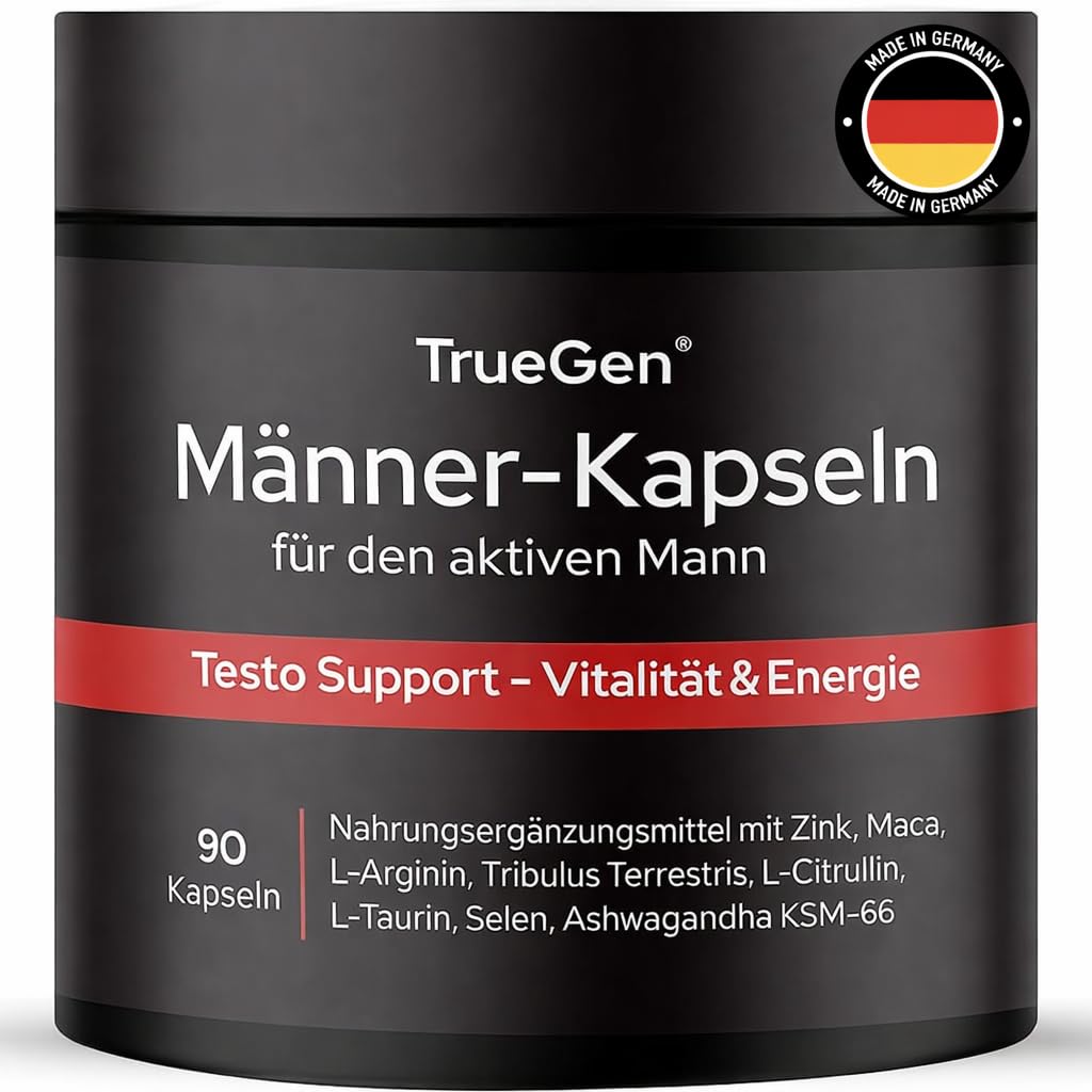TrueGen® Männer Kapseln – 90 Vegane Kapseln mit L-Arginin, Maca-Extrakt, Tribulus, KSM-66 Ashwagandha, Citrullin, Selen, Vitamin D & Magnesium – Zink für normales Testosteron, Energie & Muskelfunktion