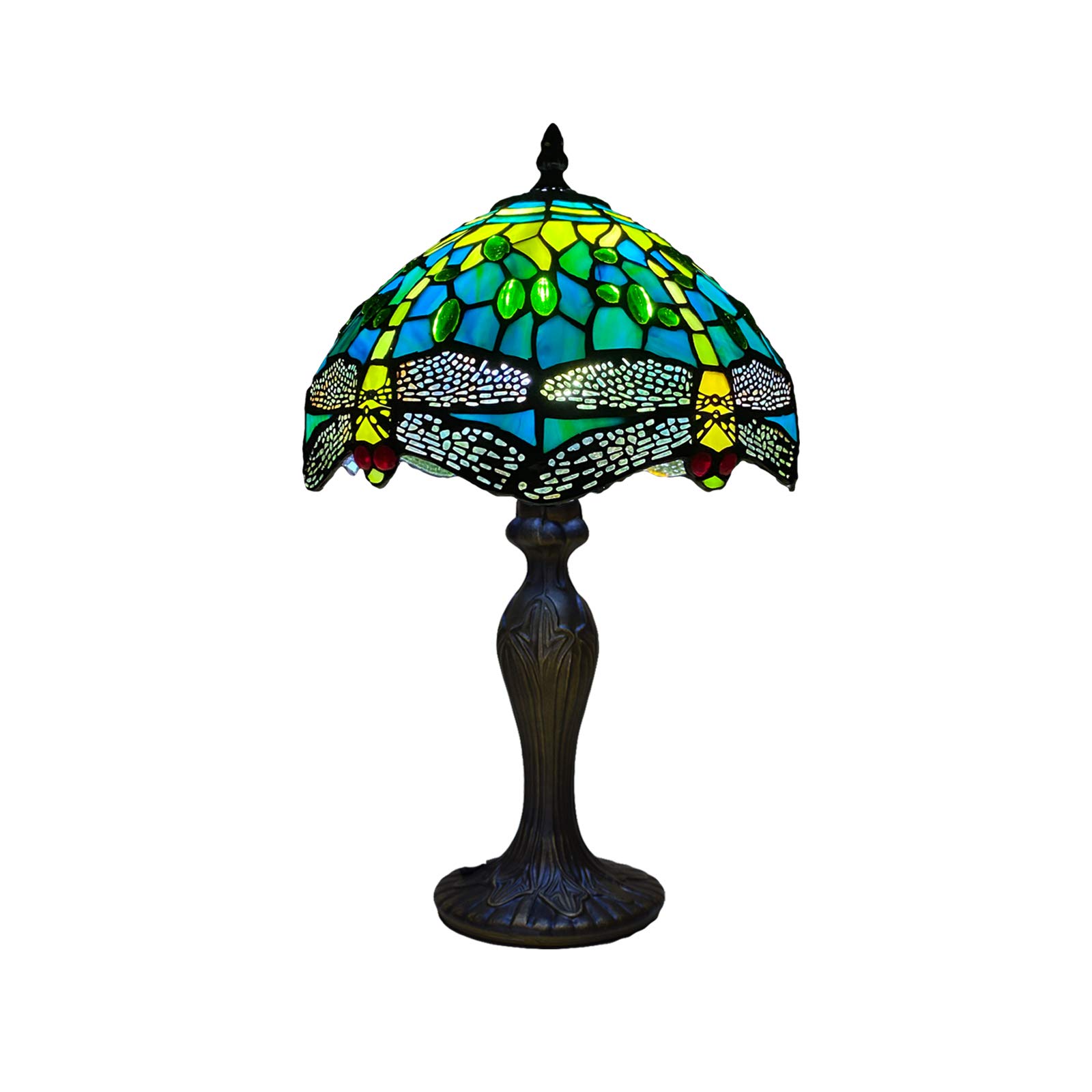 Auroh Multicolor Tiffany Table Lamp Handcrafted Stained Glass Green Dragonfly Lampshade Stunning Quality Antique Design Table Lamps For Living Room Bedside Desk Bedroom Coffee Table (Tftl-1015)