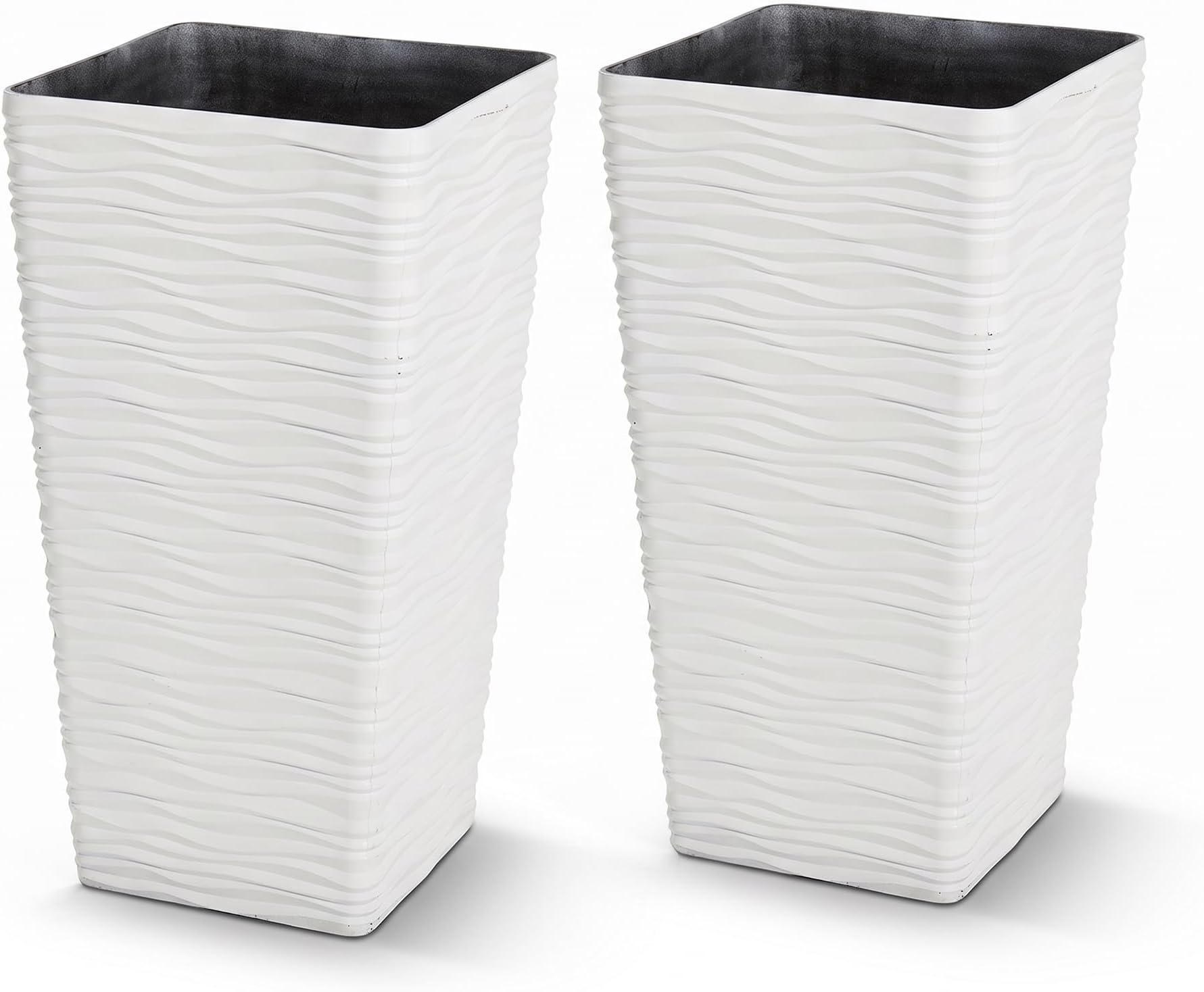 Worth Garden 2-Pack Tall Tapered Planter - Plastic White Square Plant Pots for Indoor Outdoor - 22" H. Large Tree Planter - Modern Matte Wavy Finish Flower Pots for Front Porch Containers Patio Deck