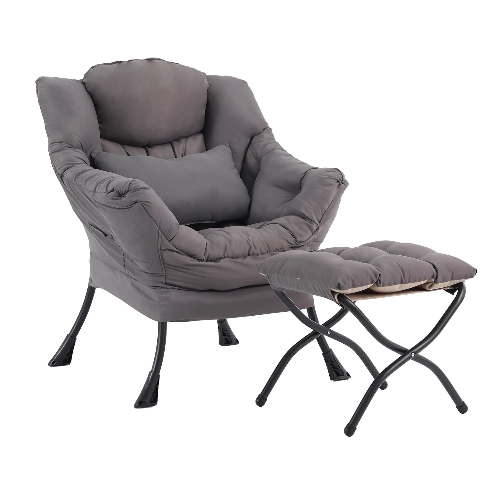 Silla perezosa con otomana, silla decorativa moderna con almohada lumbar, sillas cómodas con reposapiés plegable para dormitorio, lectura, sillas de descanso de apoyo de gran tamaño (gris 9