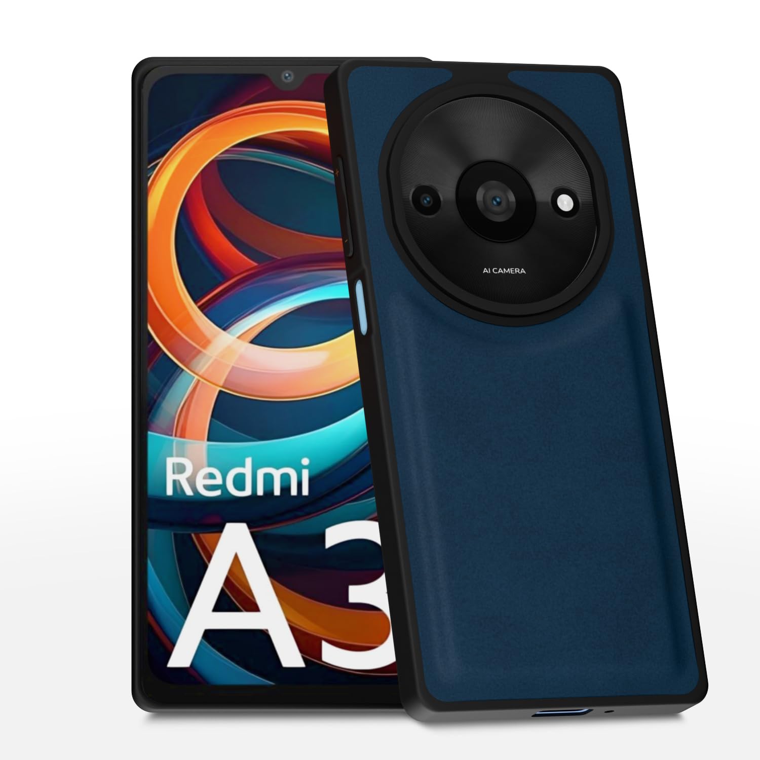 Amazon Basics Back Cover for Redmi A3 (2024) / Redmi A3x / Poco C61 | Premium PU Leather | Soft Touch Finish | Full Camera Protection | Raised Edge Bumper Case (Blue)