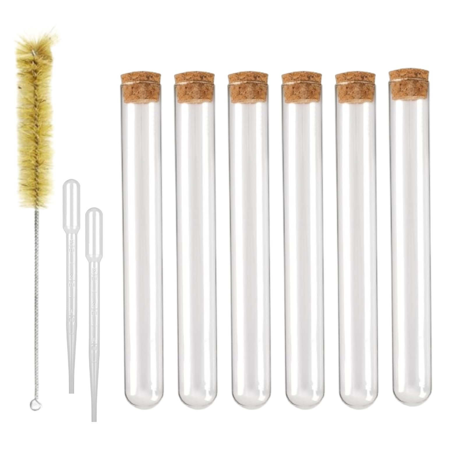 Test tubes (Borosilicate glass) 18x150mm (27ml) with Cork Stoppers, 3ml droppers and Brush Thick Walls, Superior Heat & Chemical Durability 0.7inch Dia, 5.9 inch Tall (6, 18mm x 150mm (27ml))