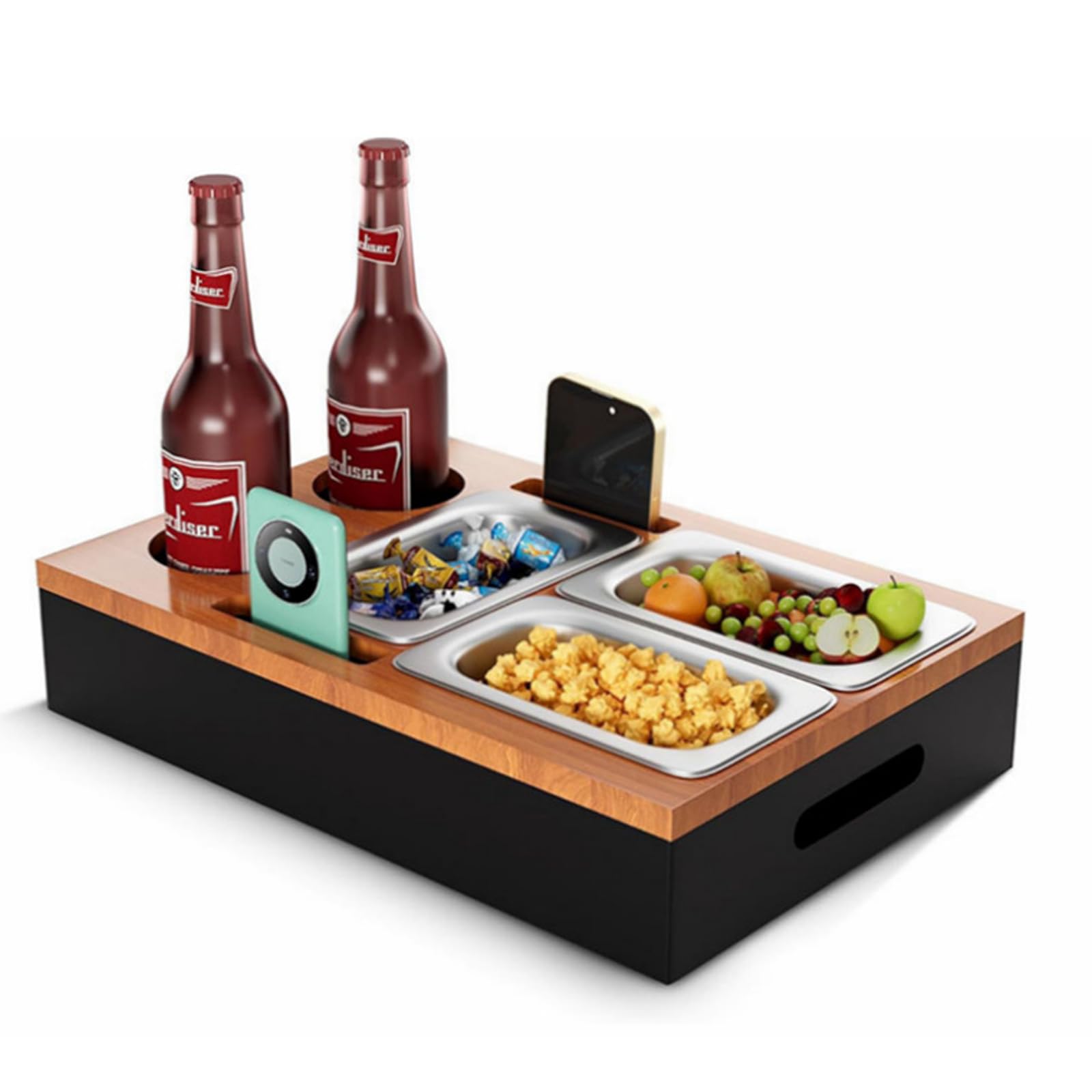 Kiss me Couch Bar Organizer - Couchbar Snackbox Couchbar Personalisierbar mit 2 Edelstahl Snackschalen Organizer und Flaschenhalter- Sofatablett (Black Box Yellow Cover)