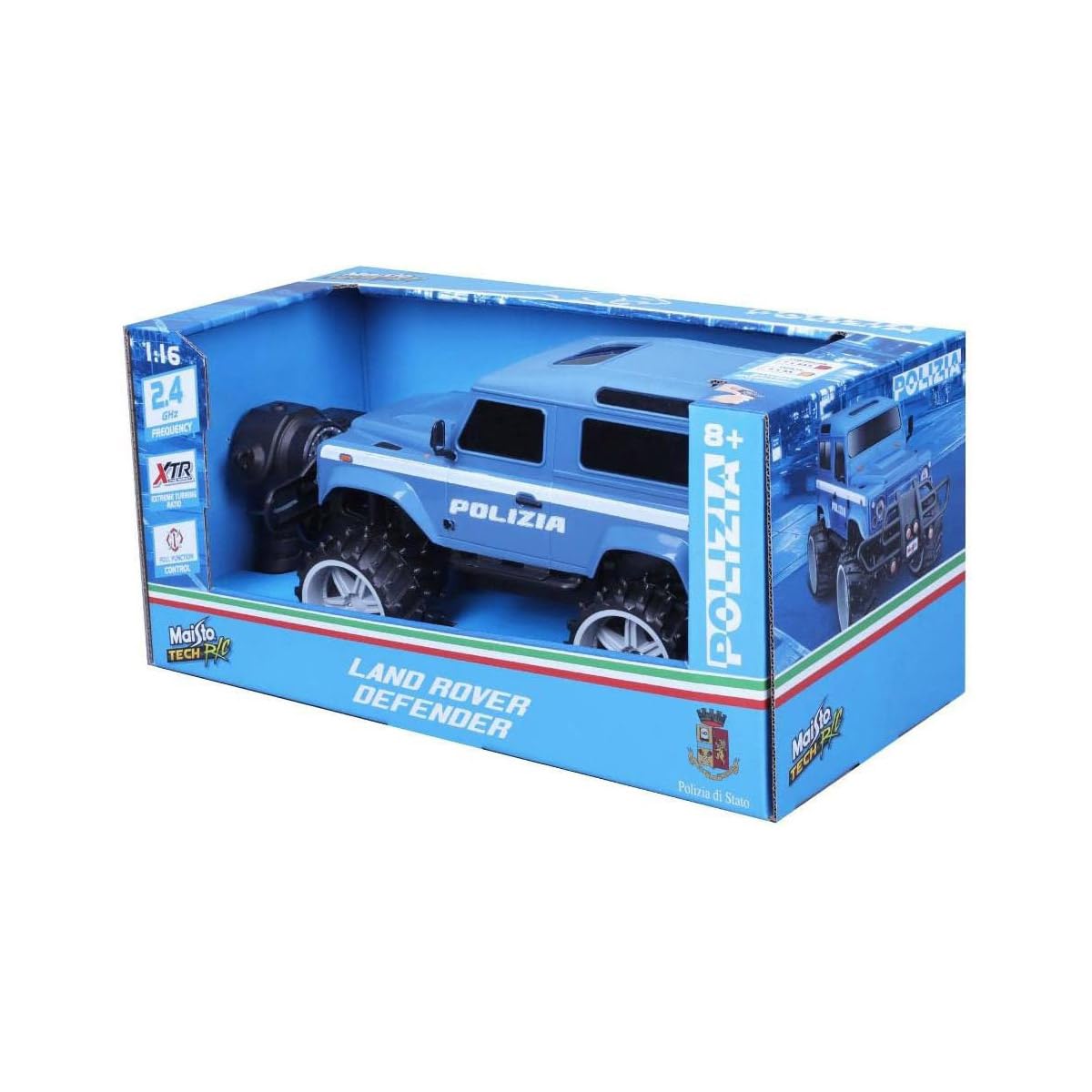 Maisto, RC Land Rover Defender Police 2,4GHz 1:16, zdalnie sterowany pojazd terenowy dla dzieci od 8 lat, baterie nie są dołączone, Niebieski, 926905.004
