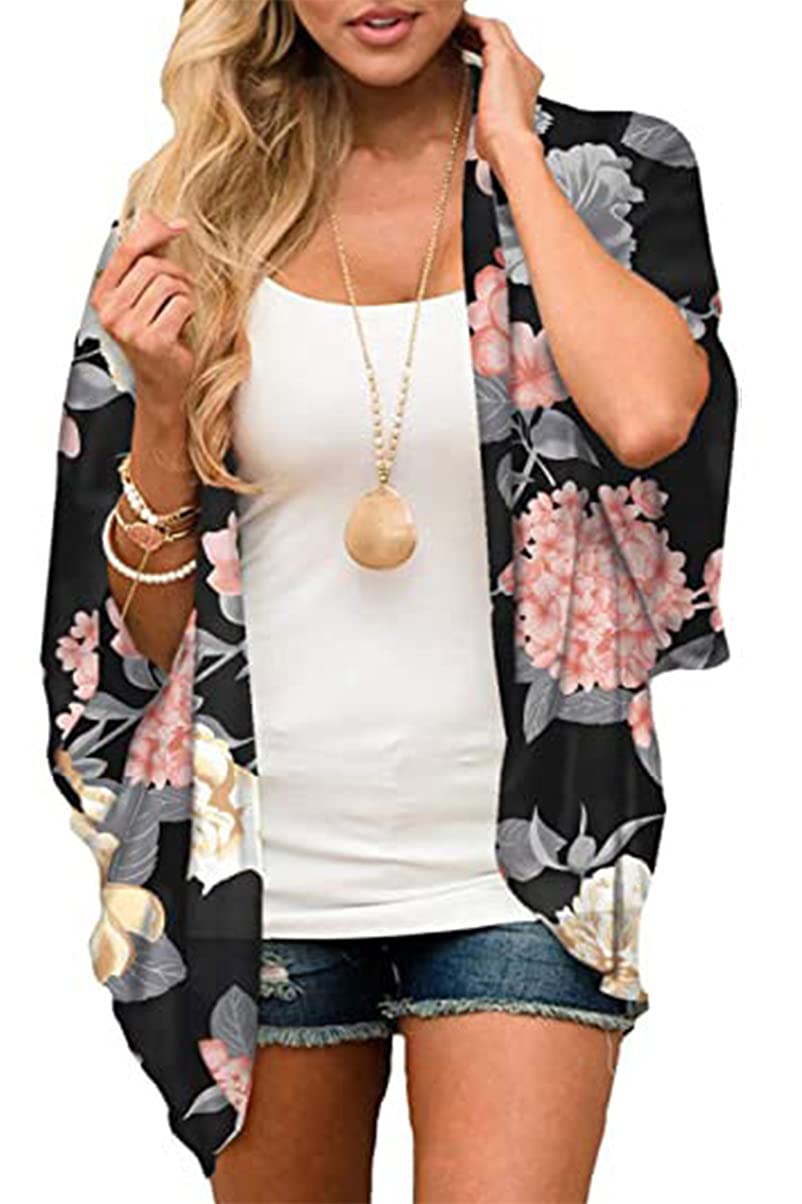 Yutdeng Cárdigans Kimono Mujer Camisolas Casual Gosa Floral Pareos Playa Verano 3/4 Tops Blusa Suelta Boho Bikini Cover Up Caftan Playa Mujer Chal Verano