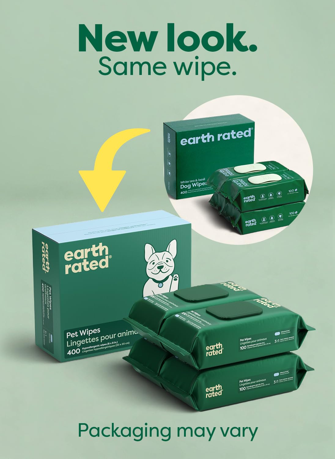 Earth Rated Toallitas para mascotas para perros y gatos, hipoalergénicas, limpieza 3 en 1, desodorizante e hidratante, para las patas de aseo, cuerpo y trasero, nuevo té blanco y albahaca escente, 400