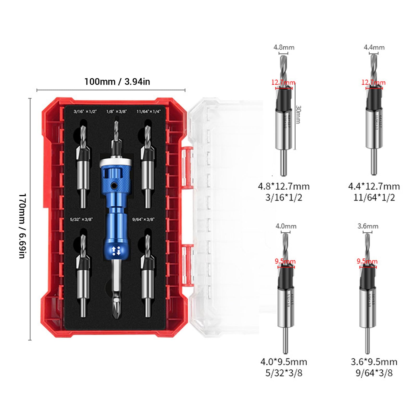 Juego de brocas avellanadoras para madera, con tope de profundidad ajustable, broca avellanadora de carburo con punta de 82 grados y orificio piloto para tornillo, incluye 5 brocas
