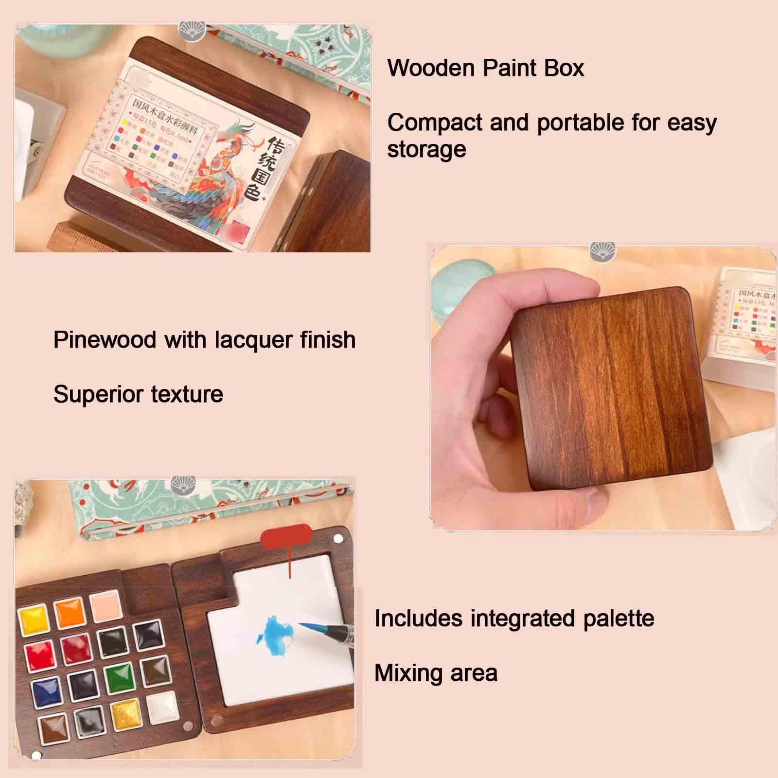 Mini Aquarell Set Mit Skizzenbuch Holzkiste Aquarell Set Unterwegs Tragbar Chinesisch Aquarellfarben Für Cafés Straßenkunst(5 pcs - 15 colours B)
