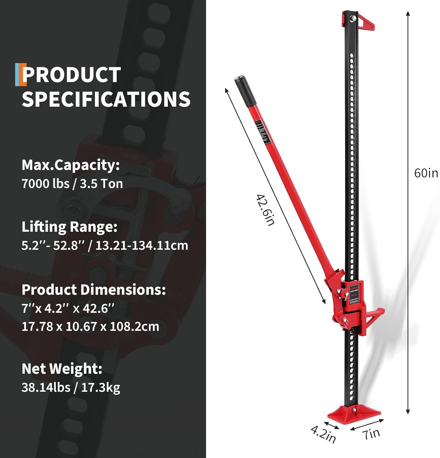 Farm Jack,60" Utility High Lift Farm Jack with Base, 7000 LBS Capacity Ratcheting Off Road Utility Jack,Adjustable Lifting Height 5.12-51.97" for Tractor, Truck, SUV, Bumper Lift