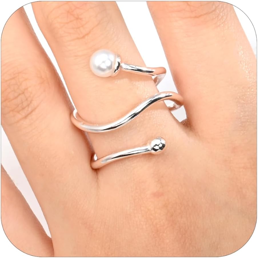 Pearl Silver Spiral Wrap Open Ring Statement Unique Adjustable Ring for Women