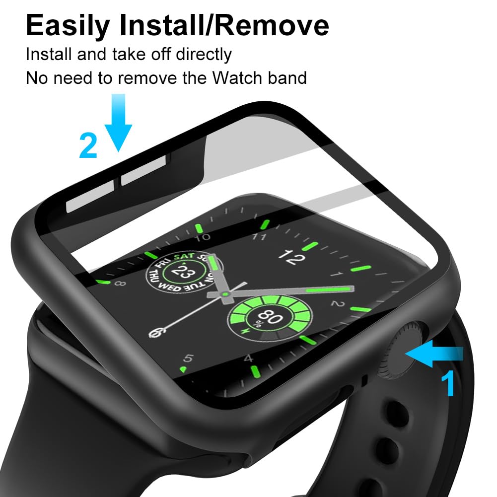OFFCUP Etui z osłoną ekranu, 2 szt. twarde etui zaprojektowane do Apple Watch Series 4/5/6/SE 40 mm z osłoną ekranu ze szkła hartowanego, wbudowana folia ze szkła hartowanego, wysoka czułość (czarne)