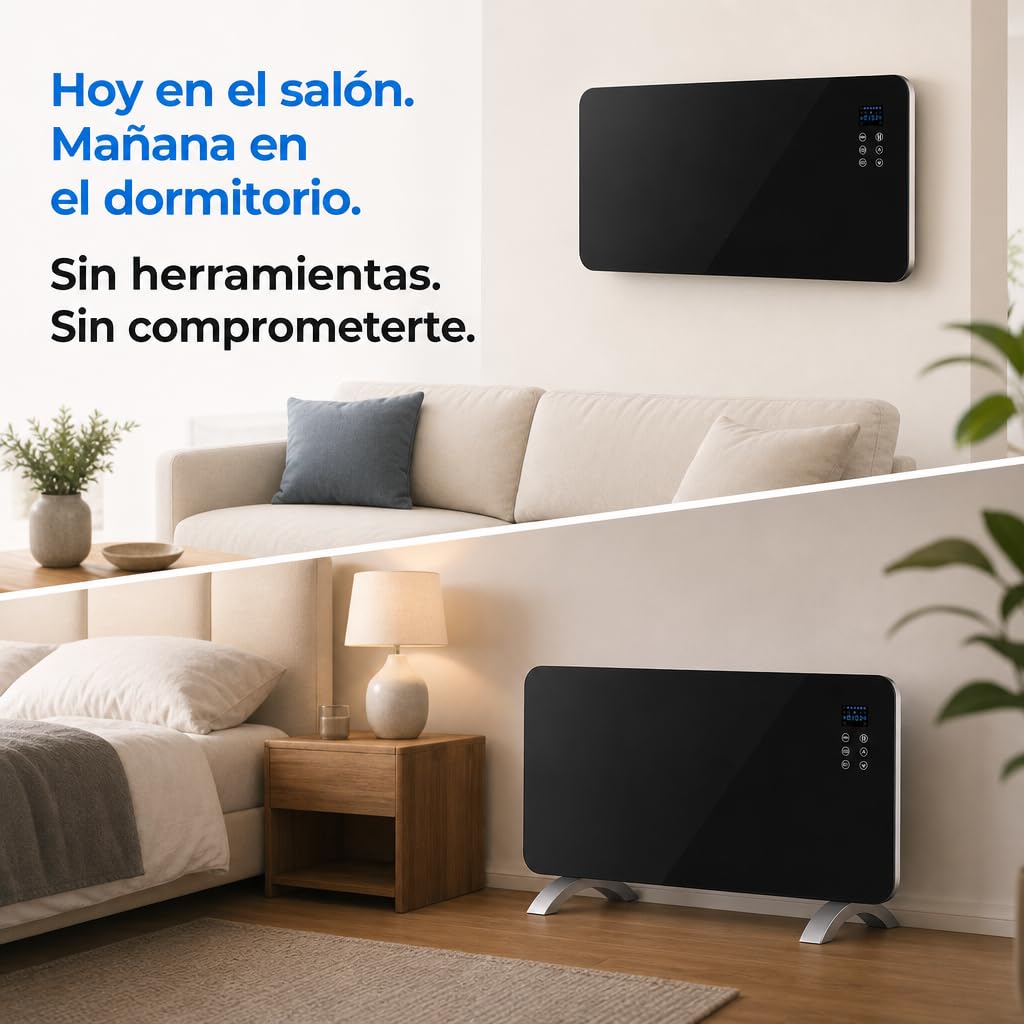Emisor Térmico de Cristal 2000W, 2 Potencias, IP24, Temporizador, Negro
