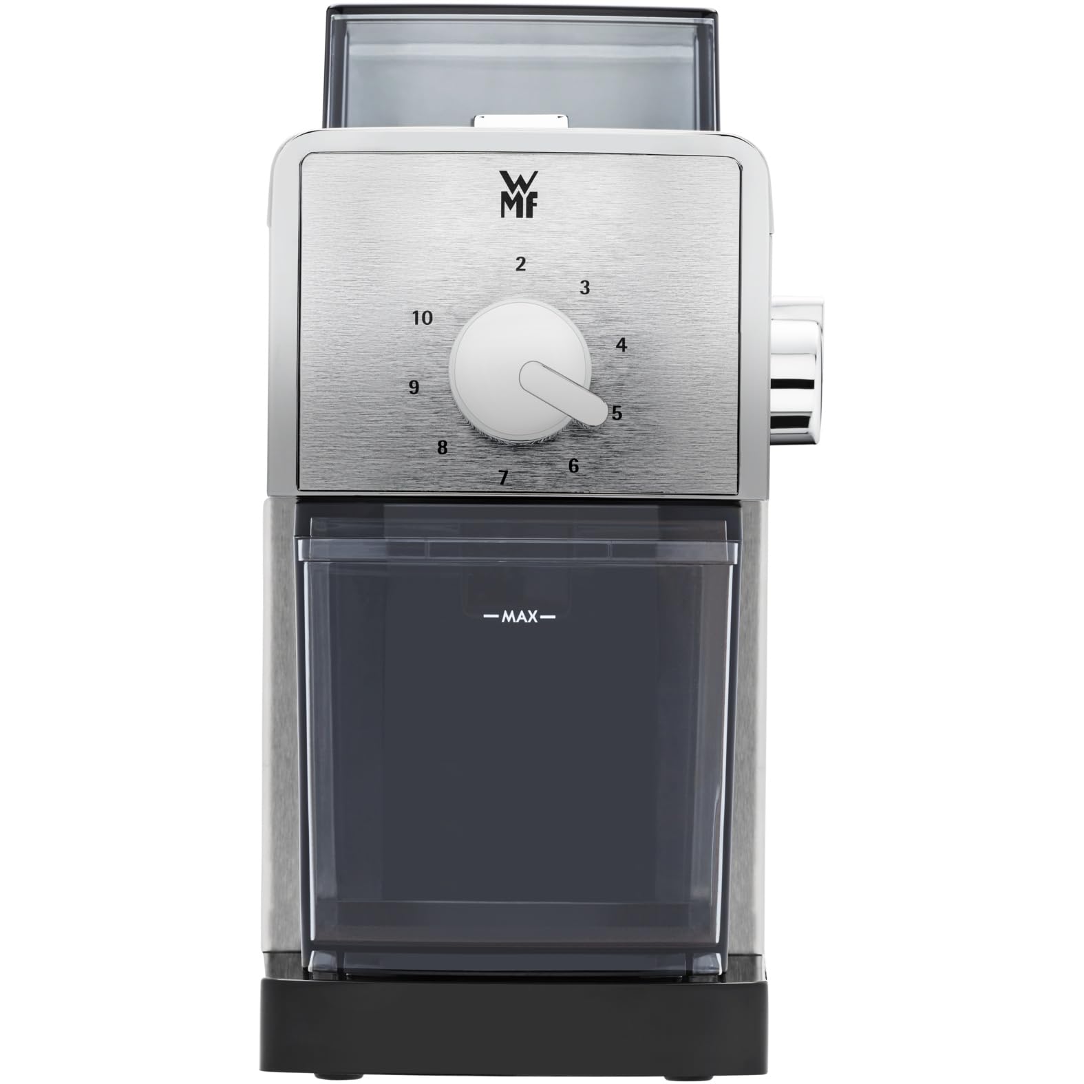 WMF Stelio - Molinillo Eléctrico de Café, Capacidad 180 gramos, Acero Inoxidable Cromargan, 17 ajustes, 110 W [Clase de eficiencia energética A+]