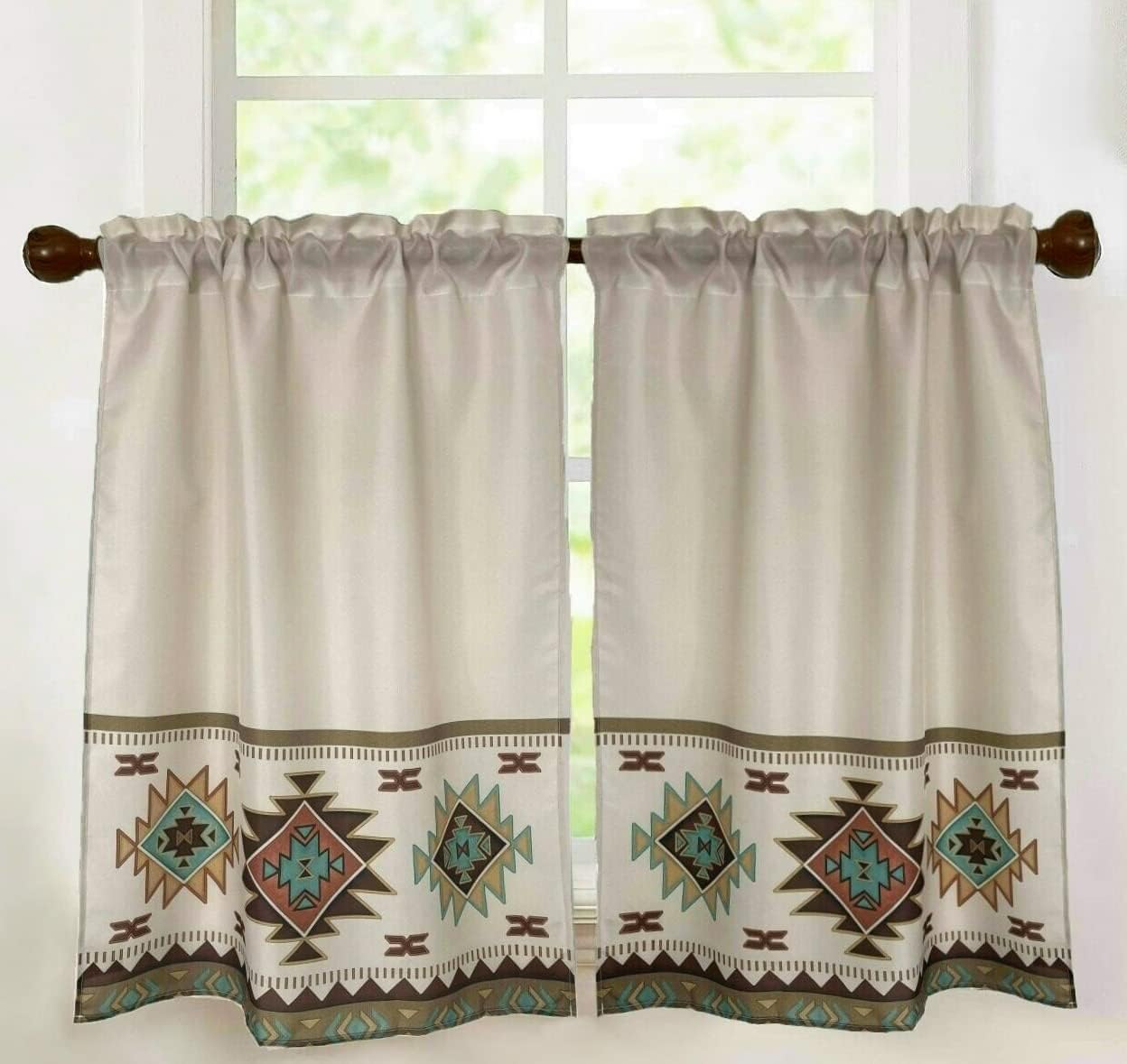 Set of 2 Southwest Tribal Navajo Aztec Fancy Abstract Geometric Ethnic Hipster Design Window Curtain Panels Each 28 X 36 Inches for Everyday Fall Holiday Christmas Decorations Rod Pocket - Image 2