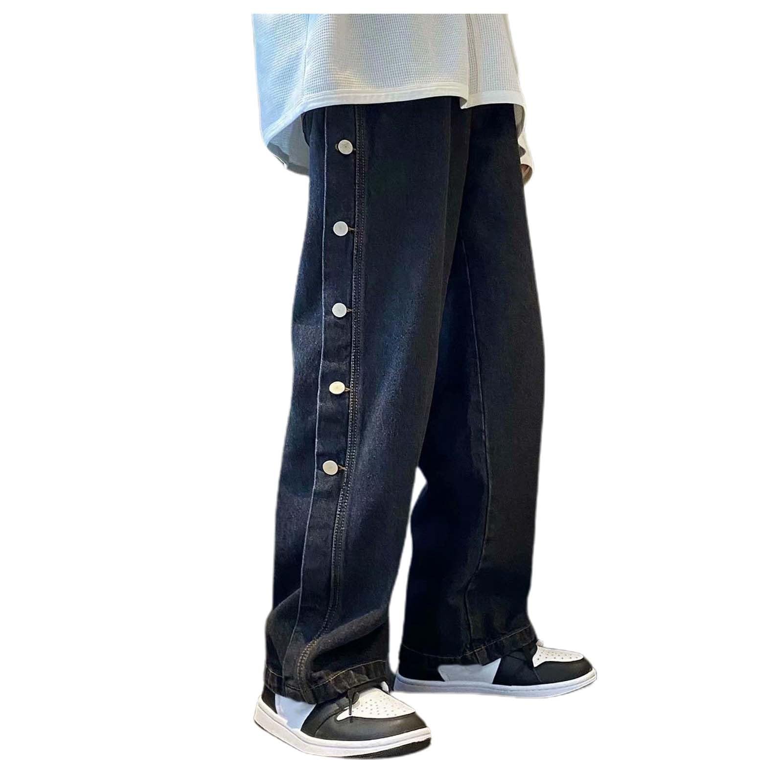 Mens Casual Jeans Straight Wide Leg Soft Solid Color Loose Denim Pants Fashion Baggy Regular Fit Side Button