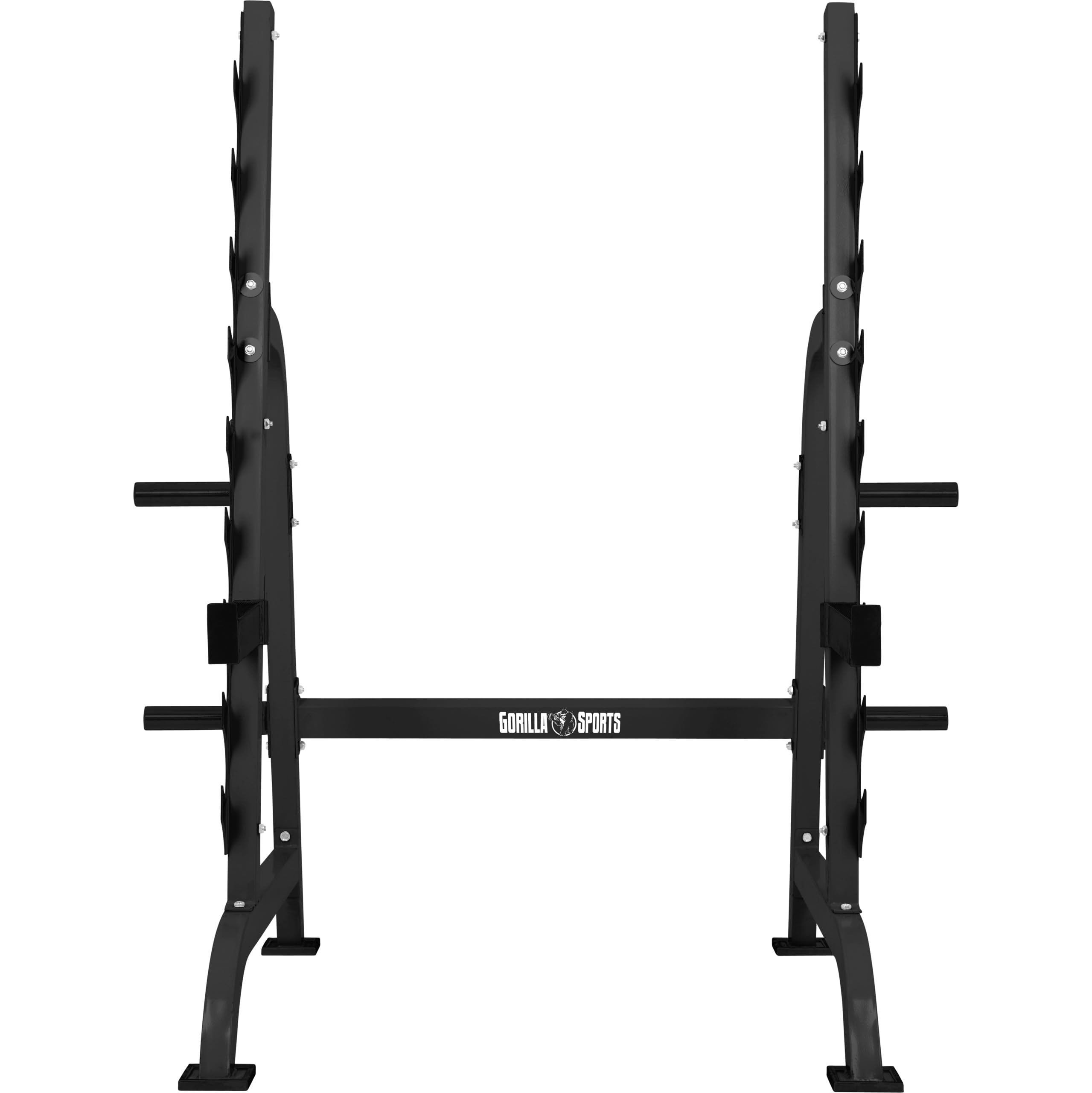 GORILLA SPORTS® Squat Rack mit 9 Ablagen und Scheibenständer, bis 300 kg | Mit 4 Aufnahmen für 50/51-mm-Scheiben und 40-cm-Sicherheitsablagen; Kniebeugenständer, Langhantelablage, Hantelständer