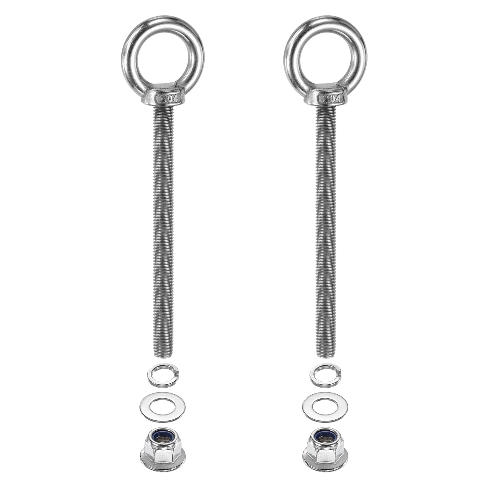 PATIKIL M10 x 120mm Shoulder Eye Bolt, 2 Pcs 304 Stainless Steel Lifting Ring Threaded Eye Bolt with Flange Lock Nuts Spring and Flat Washers for Hanging Tie Down Straps Outdoor Indoor