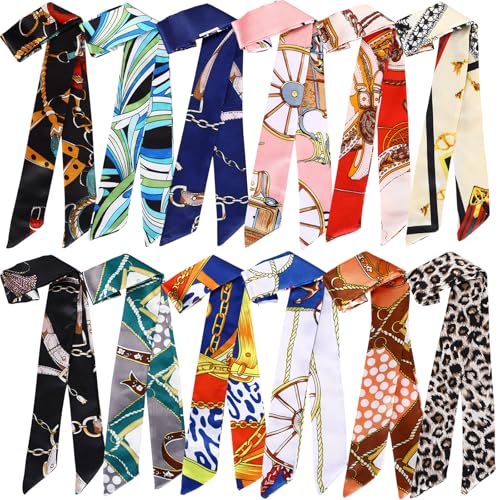 Handepo 12 Pcs Women Handbag Head Scarf Hair Purse Scarf Handle Ribbon Satin Head Neckerchief Silk Headband Charm for Gifts