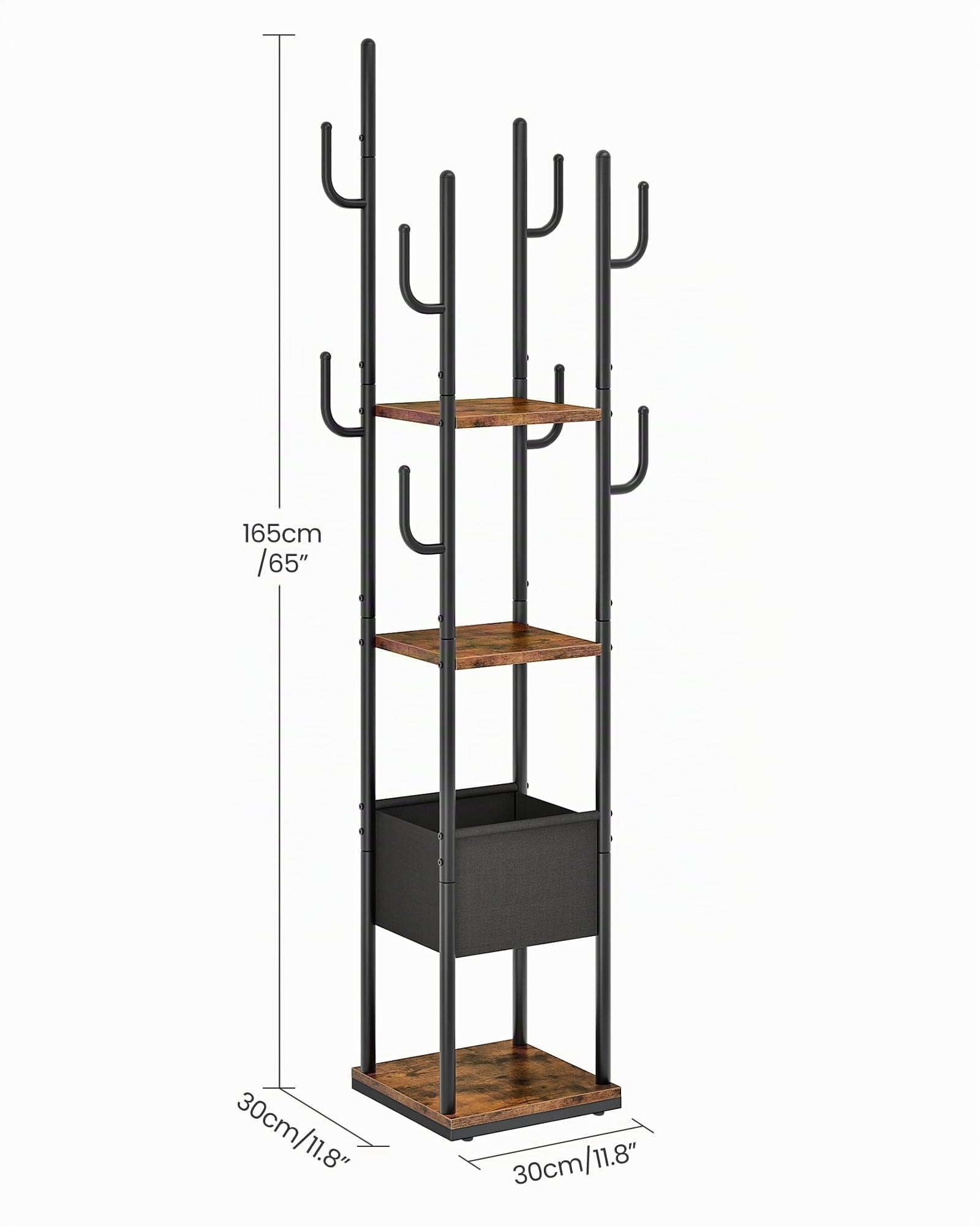 CHOEZON Kleiderständer, Garderobenständer mit Kleiderstange und Haken, Garderobe mit Ablagen, Vielseitiger Coat Rack, für Schuhe, Kleidung, Taschen, Hüte, Vintagebraun und Schwarz DTYM03BF