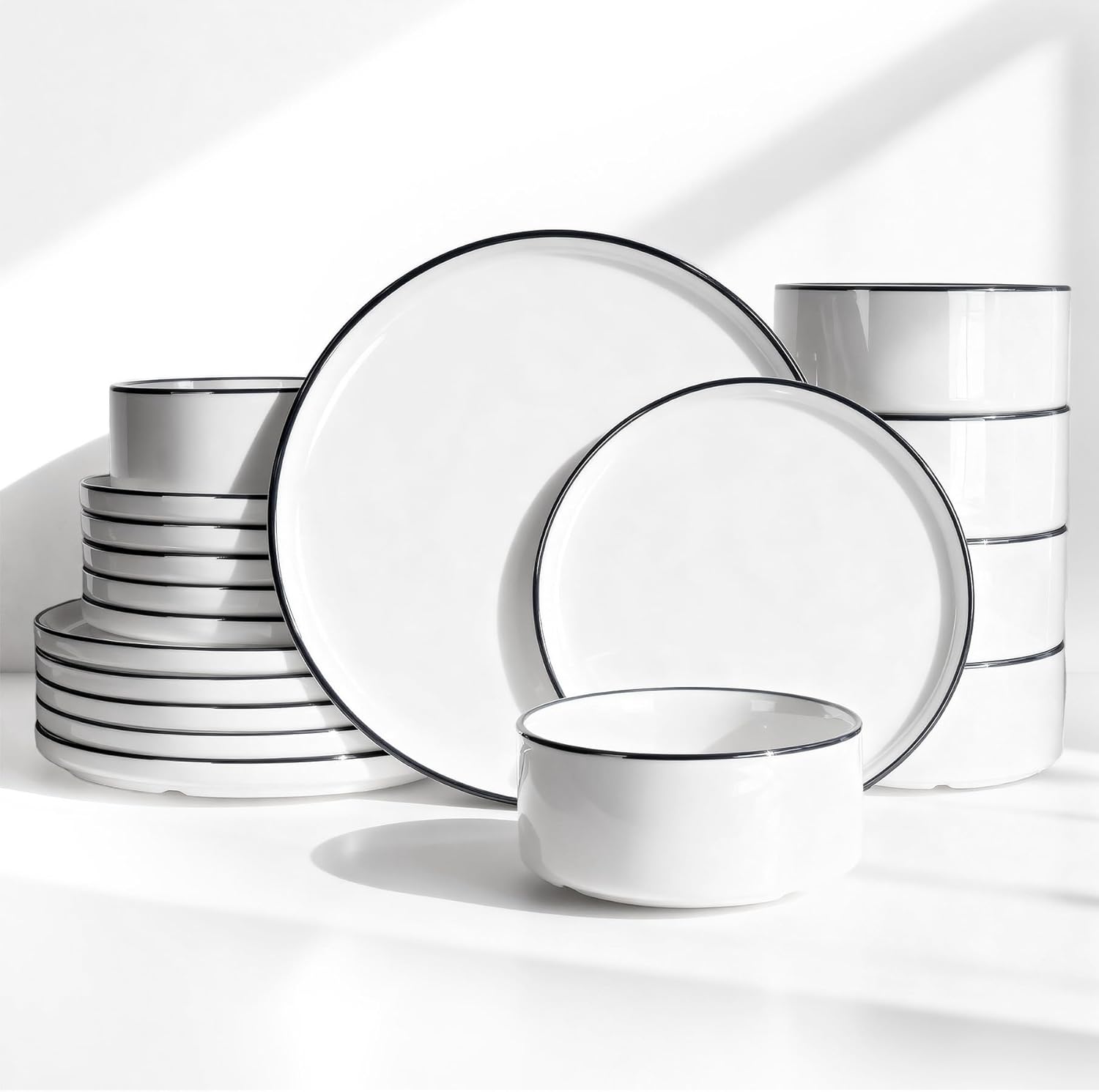 Famiware Porcelain Dinnerware Set, 18-Piece Modern Plate and Bowl Set, dish set for 6, Microwave and Dishwasher Safe Tableware, White with Black Trim