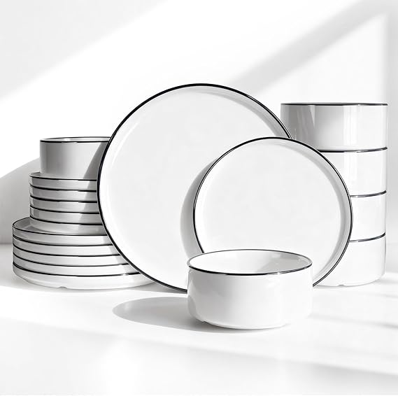 Famiware Porcelain Dinnerware Set, 18-Piece Modern Plate and Bowl Set, dish set for 6, Microwave and Dishwasher Safe Tableware, White with Black Trim