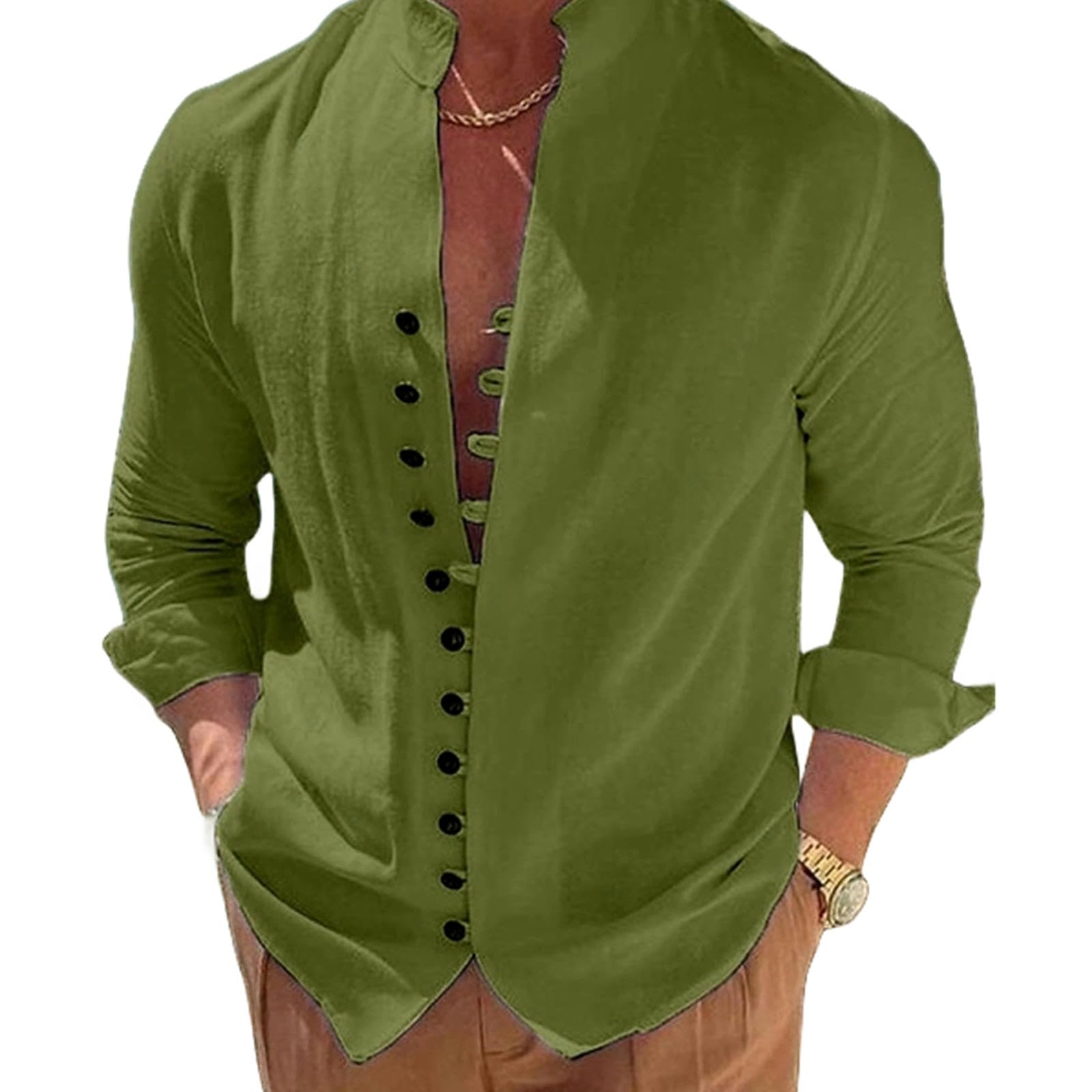 Uomo Maglia a Maniche Lunghe in Cotone Biancheria di Cotone Primavera E Autunno Camicie -Verde-Manica Corta-Us M 60-70 kg