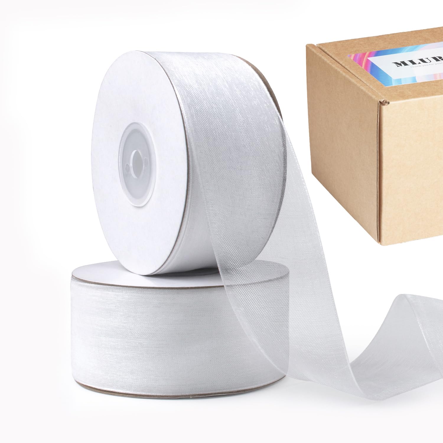 MLURCU White Organza Sheer Ribbon 1-1/2 Inch x 100Yards Total, White Clear Chiffon Sheer Fabric Ribbon for Christmas Tree Gift Wrapping Wedding Flower Bouquet Hair Bows Crafts