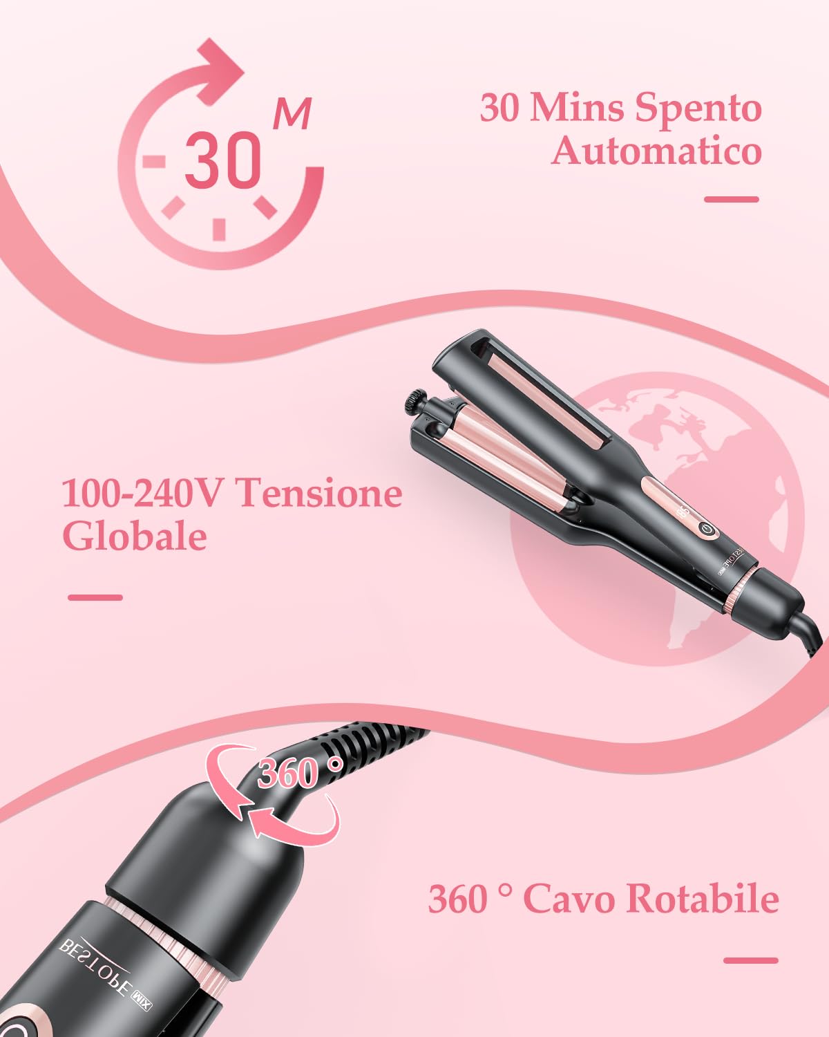 Réglable Boucleur Wavy 4 en 1 22/25/32/38mm Anti-brûlure Chaleur Constante Ciblée Display Digitale 4 Températures Rose
